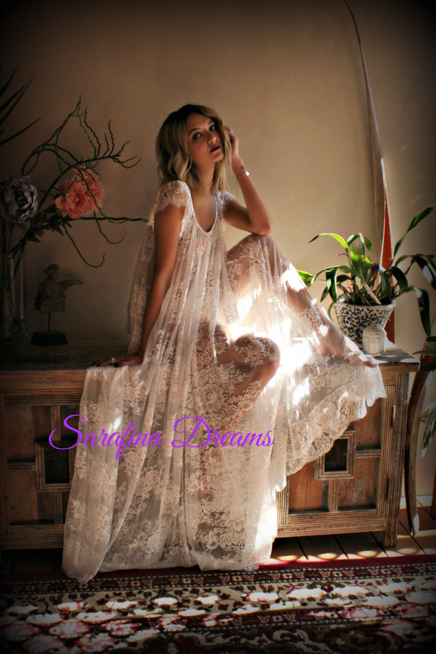 Bridal Lace Nightgown Wedding Sleepwear Full Sweep Bridal Lingerie  Off White Lace Lingerie Lace Lingerie Honeymoon Lingerie