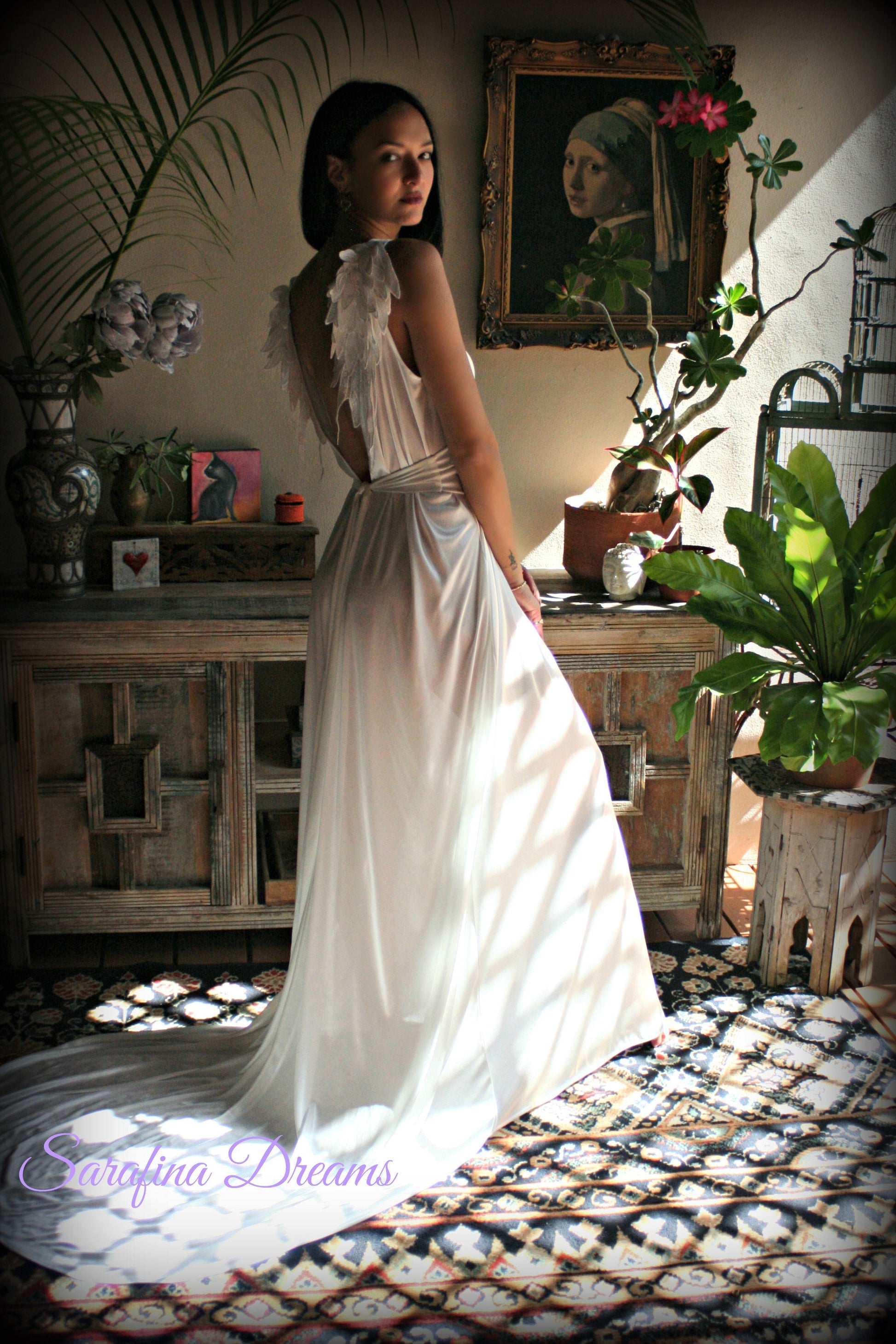 White Satin Bridal Nightgown Angel Wings Nightgown Backless Bridal Lingerie Wedding Nightgown Satin Sleepwear