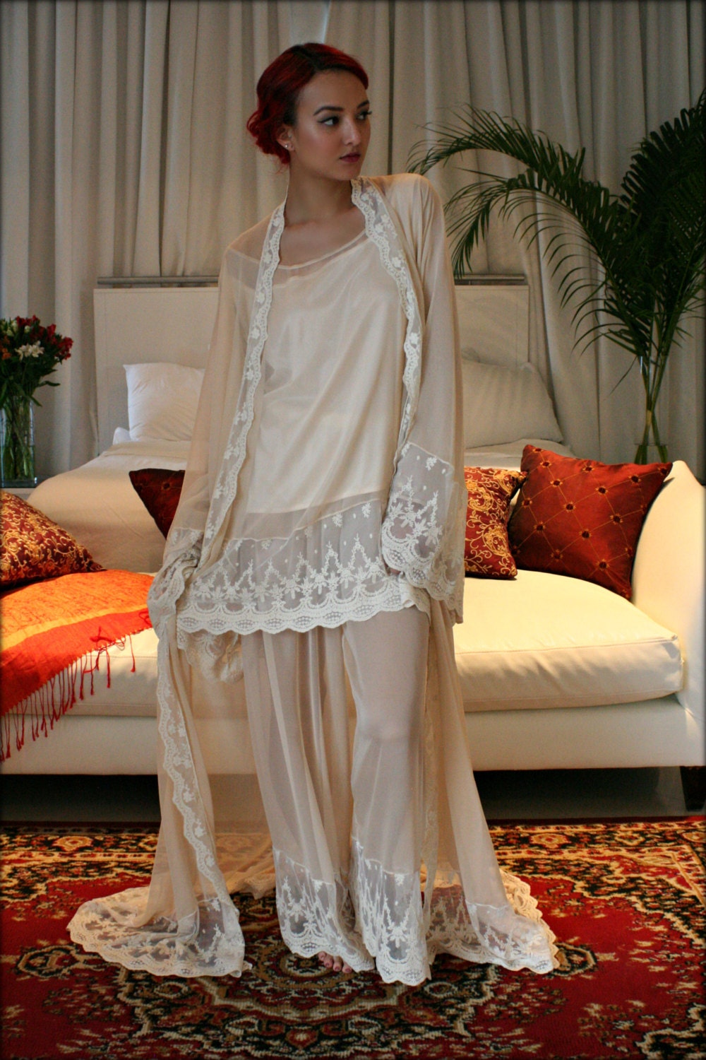 Silk Pajamas Champagne Chiffon Ella 3 Pc Set Bridal Lingerie Wedding Pajamas Wedding Sleepwear Versailles French Lace Lingerie Satin Cami