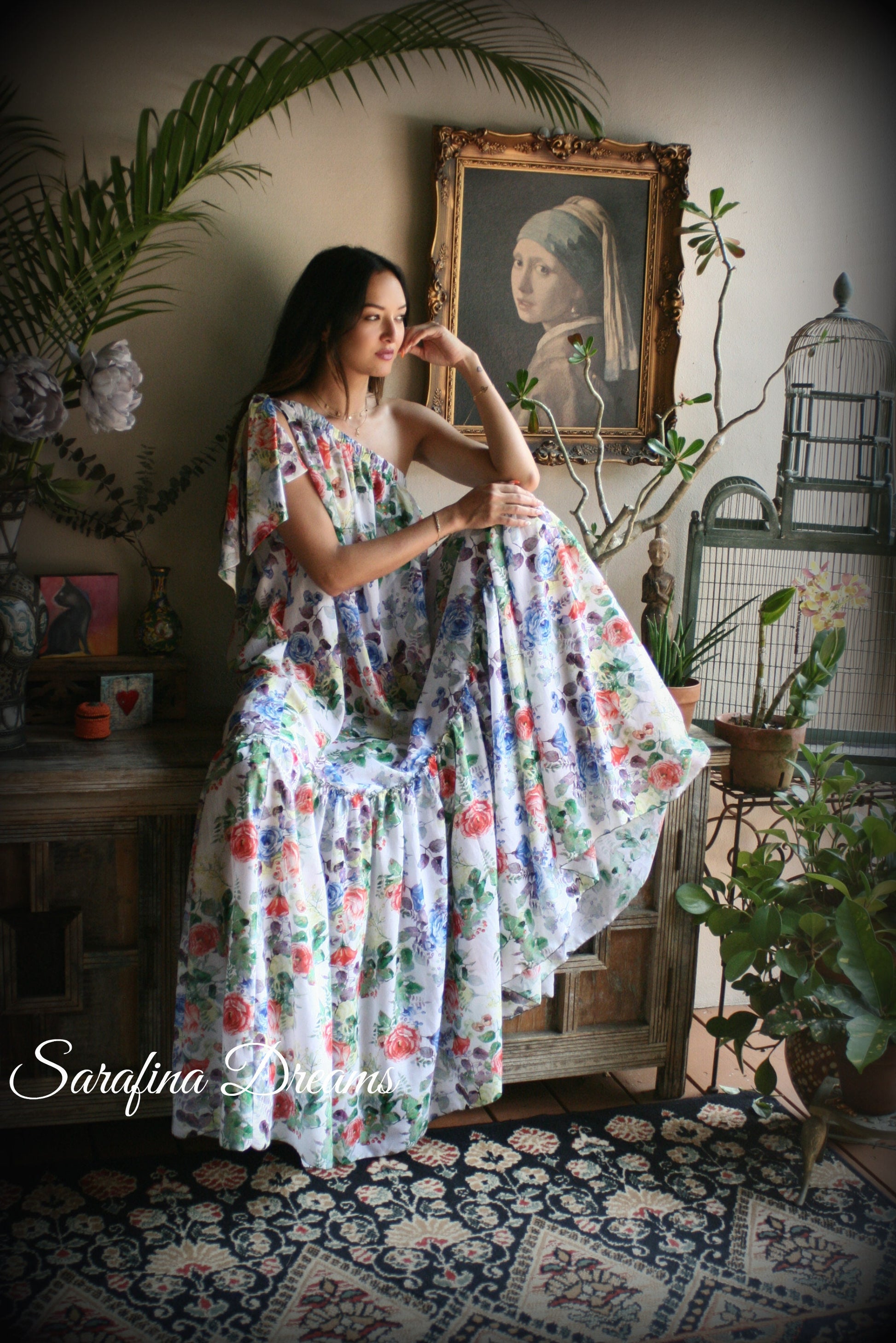 100% Cotton Flower Print One Shoulder Dress Nightgown Sleepwear Honeymoon Cruise Dress Holiday Dress Lingerie
