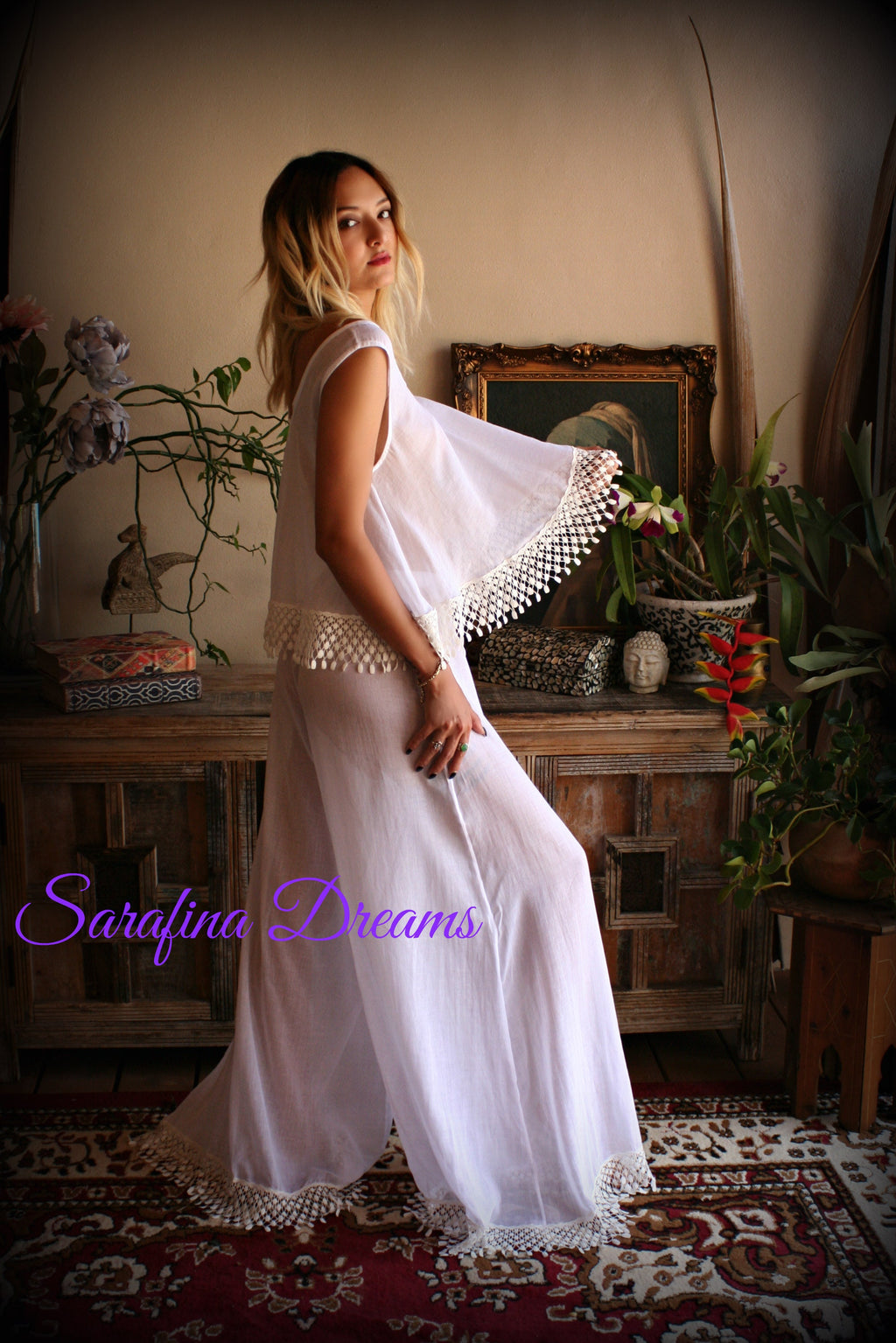 Cotton Pajama Palazzo Pant Venice Lace Swing Top Bridal Honeymoon Wedding Lingerie Bridal Lingerie Cotton Lingerie White Cotton