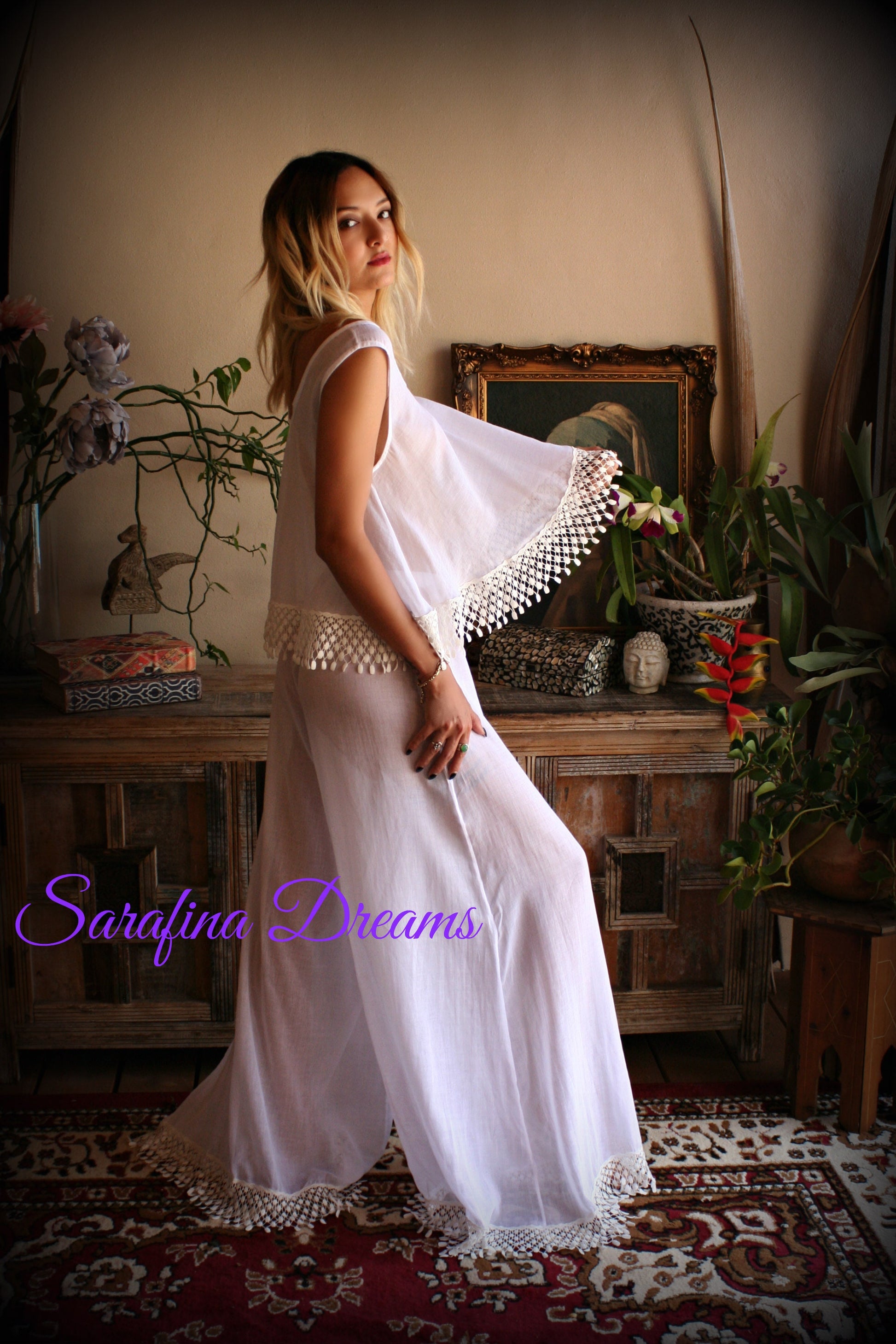 Cotton Pajama Palazzo Pant Venice Lace Swing Top Bridal Honeymoon Wedding Lingerie Bridal Lingerie Cotton Lingerie White Cotton