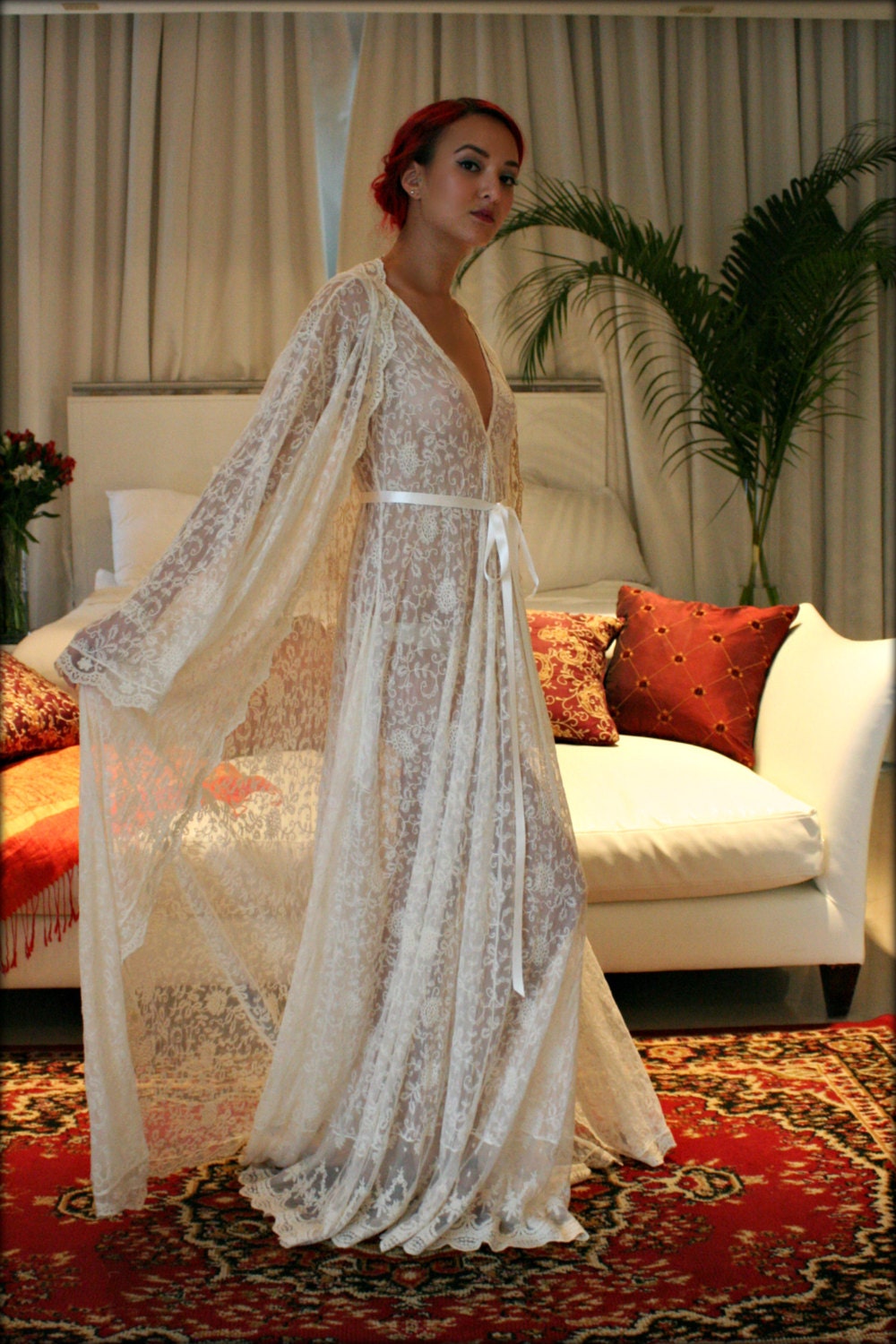 Embroidered French Lace Bridal Robe Wedding Lingerie Bridal Sleepwear Ivory Lace Robe Bridal Lingerie Angel Sleeve Wrap Robe