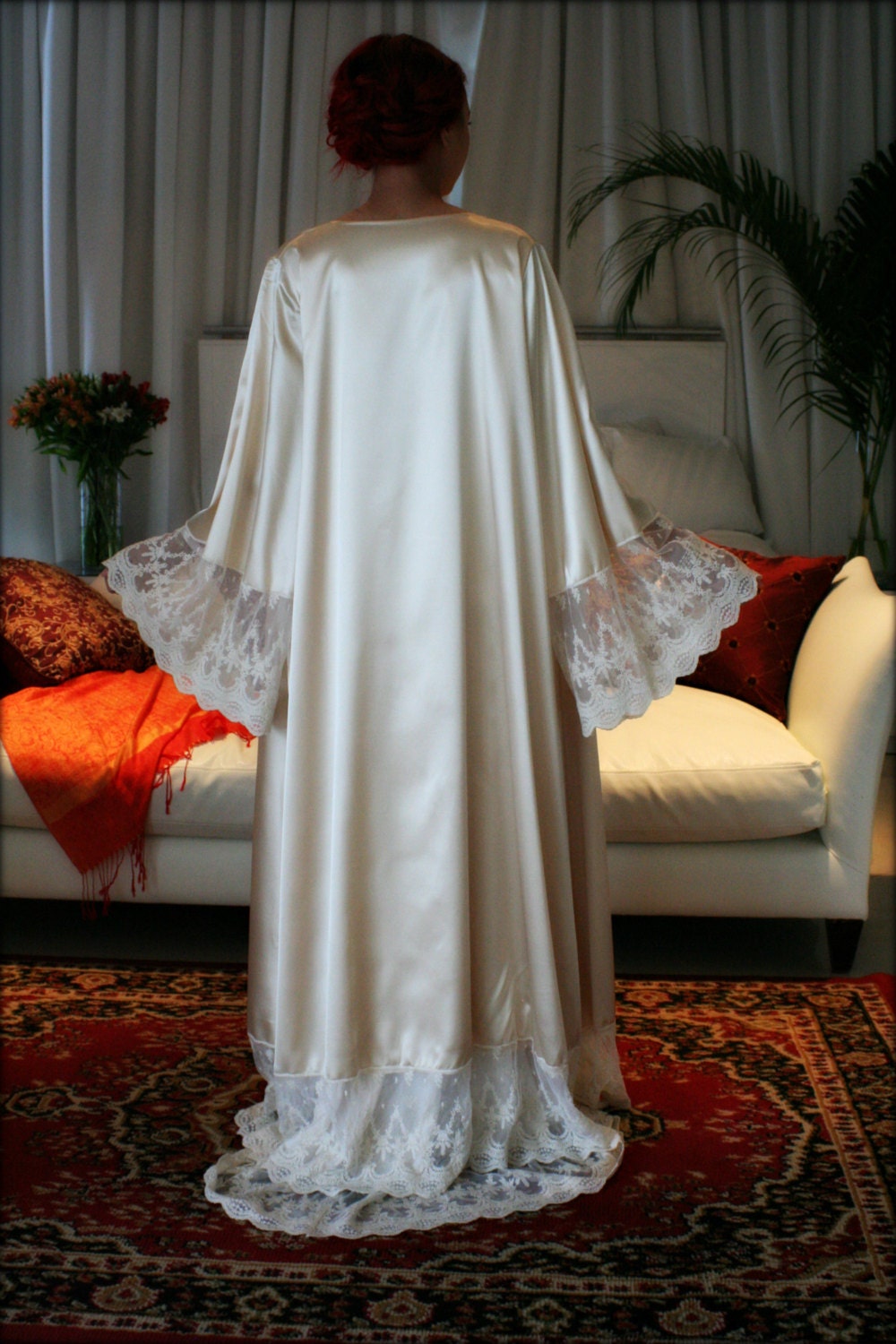 Fiona Champagne Satin Bridal Wedding Robe Bridal Lingerie Wedding Sleepwear Embroidered French Lace Robe Art Deco Luxury Lingerie