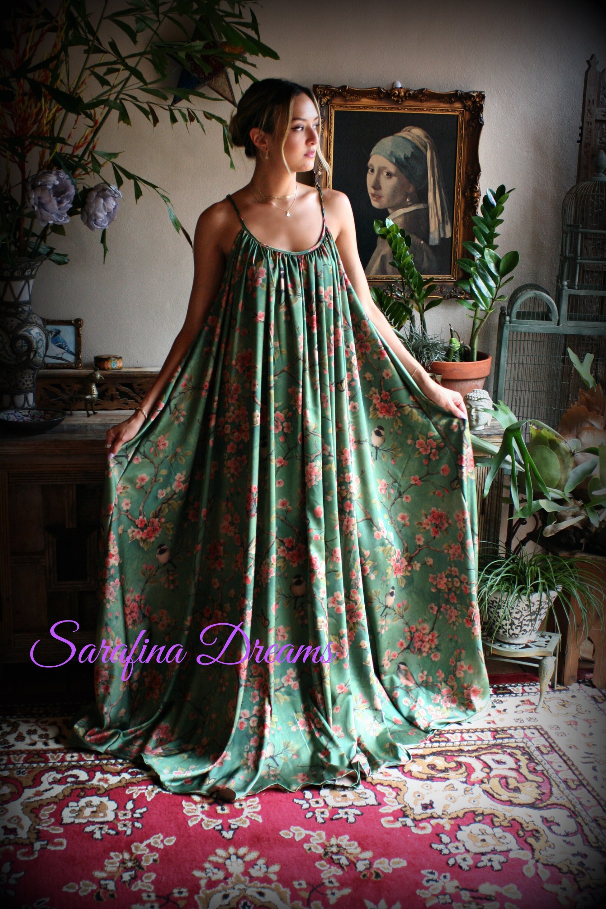 Satin Bridal Nightgown Bird Print Bohemian Chic Satin Lingerie Satin Bridal Honeymoon Sleepwear Green Satin Nightgown Bridal Lingerie
