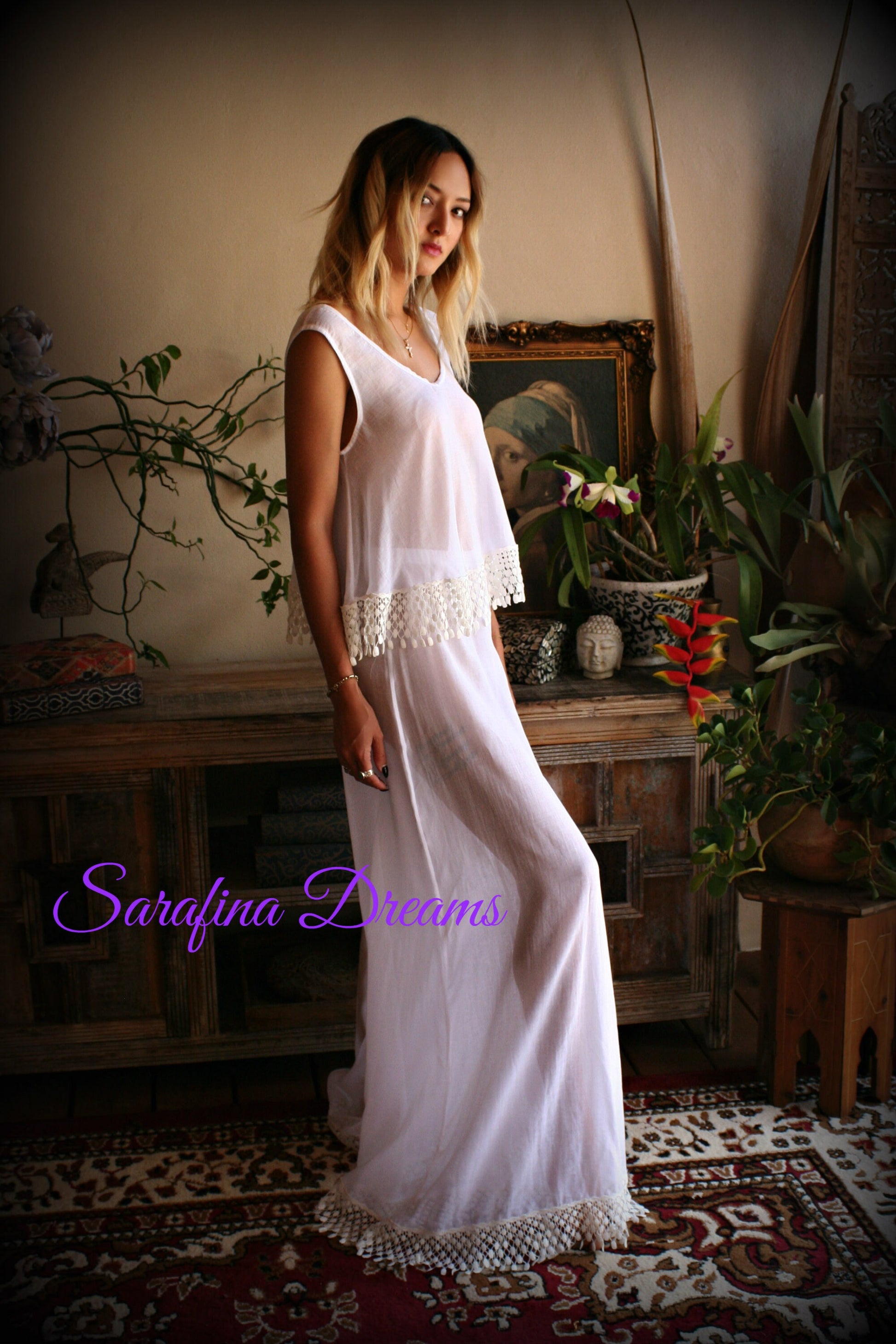 Cotton Pajama Palazzo Pant Venice Lace Swing Top Bridal Honeymoon Wedding Lingerie Bridal Lingerie Cotton Lingerie White Cotton