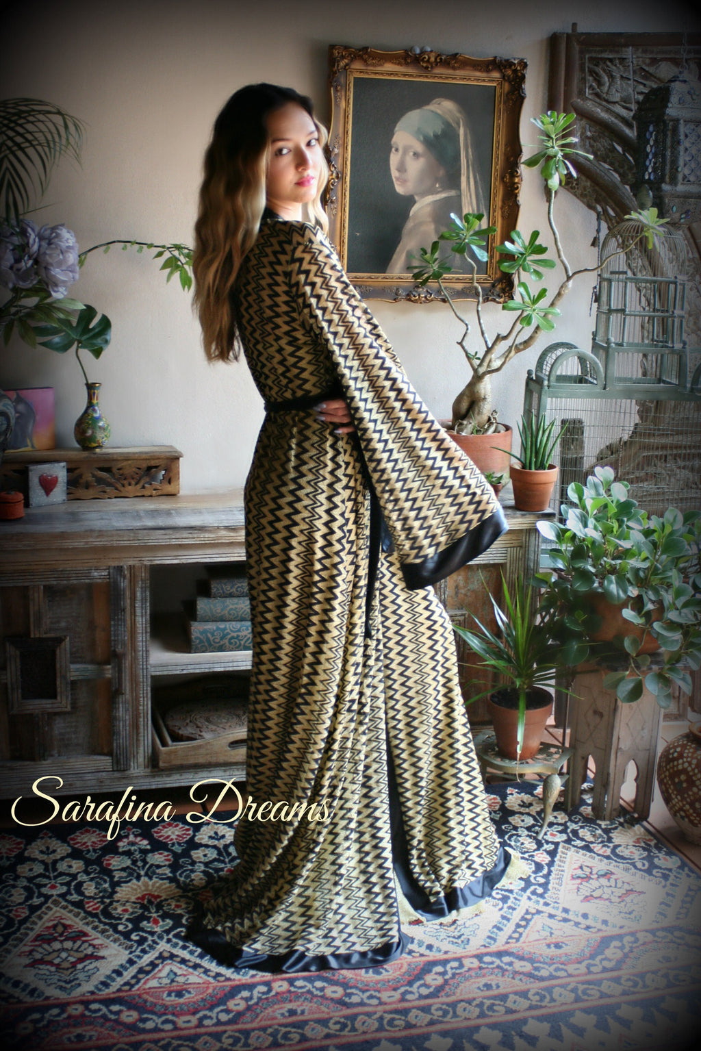 Black Gold Metallic Kimono Robe Black Satin Banded Missoni Style Knit Wrap Lingerie Robe Sleepwear