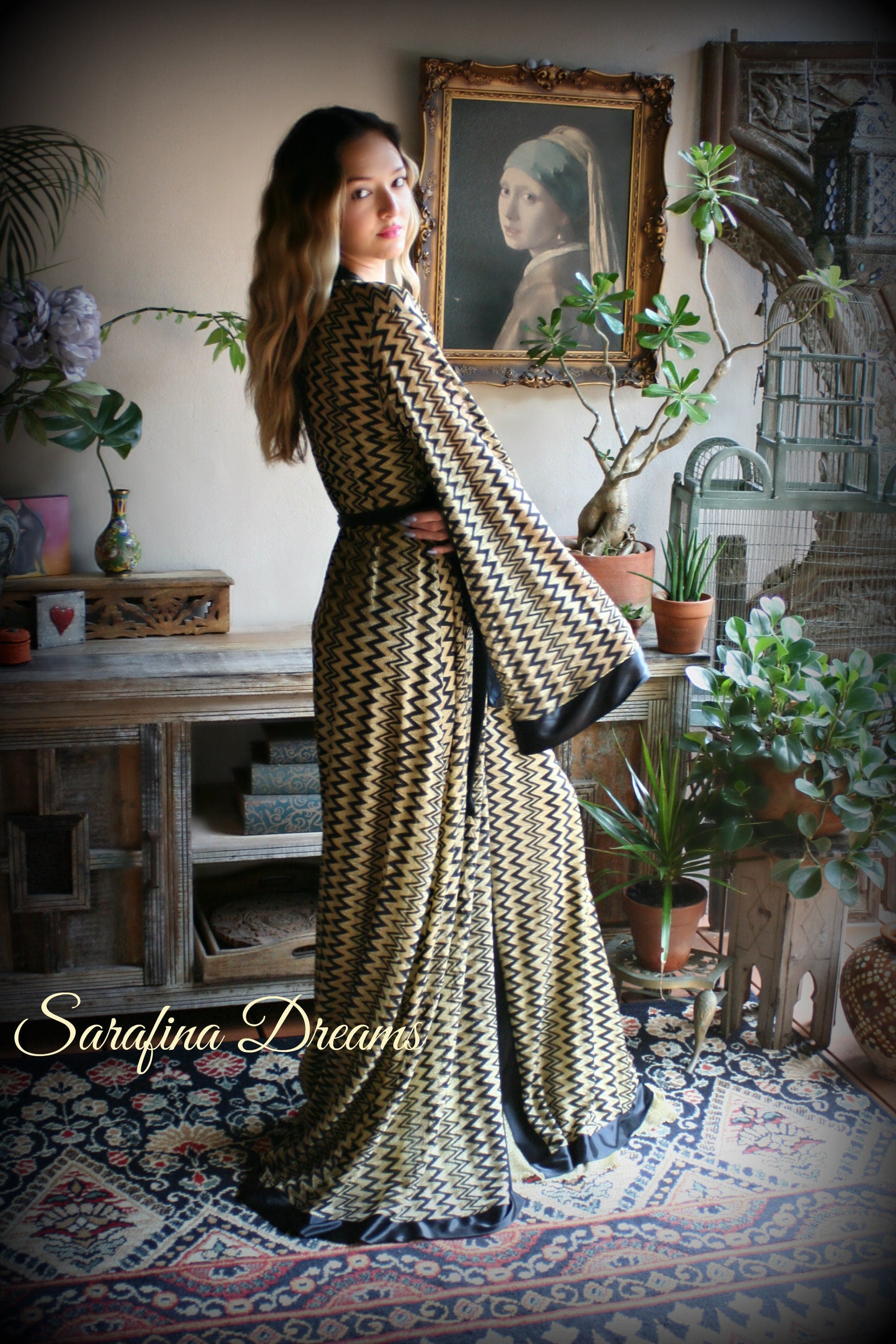 Black Gold Metallic Kimono Robe Black Satin Banded Missoni Style Knit Wrap Lingerie Robe Sleepwear