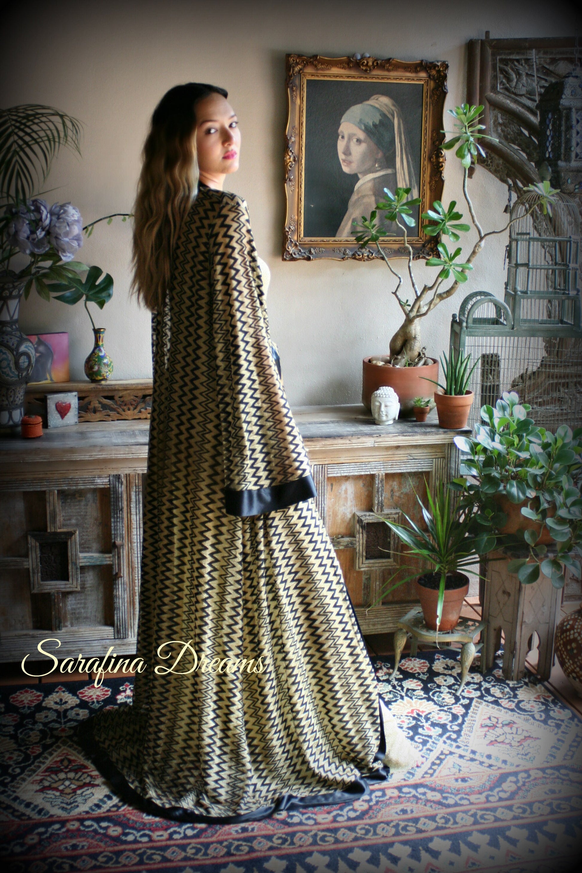 Black Gold Metallic Kimono Robe Black Satin Banded Missoni Style Knit Wrap Lingerie Robe Sleepwear