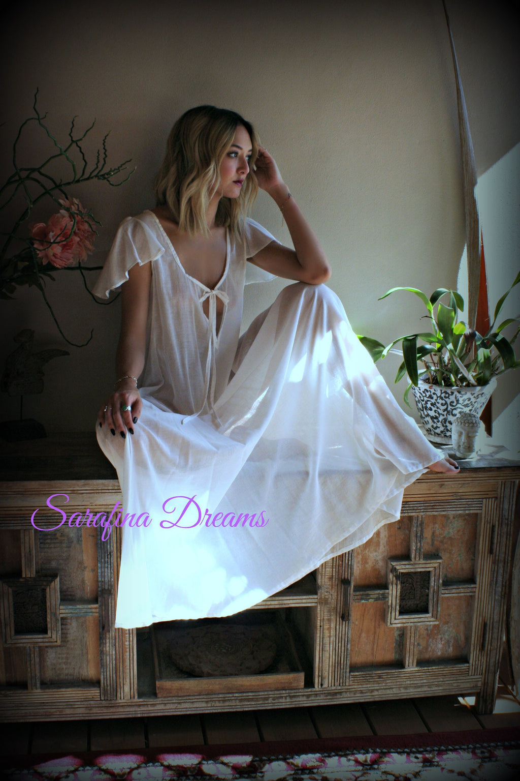 100% Cotton Nightgown Flutter Sleeve Tie Open Bodice  Lingerie Sleepwear White Nightgown Cotton Lingerie Honeymoon Cotton Sleepwear
