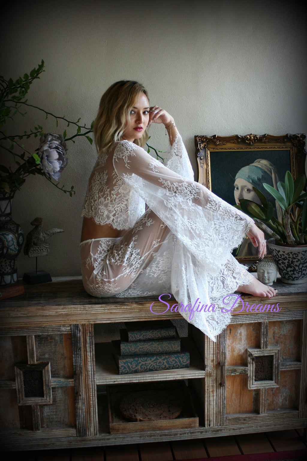 Bridal Lace Cropped Top Pajama Wedding Sleepwear Bridal Lingerie Off White Lace Lingerie Lace Lingerie Honeymoon Lingerie