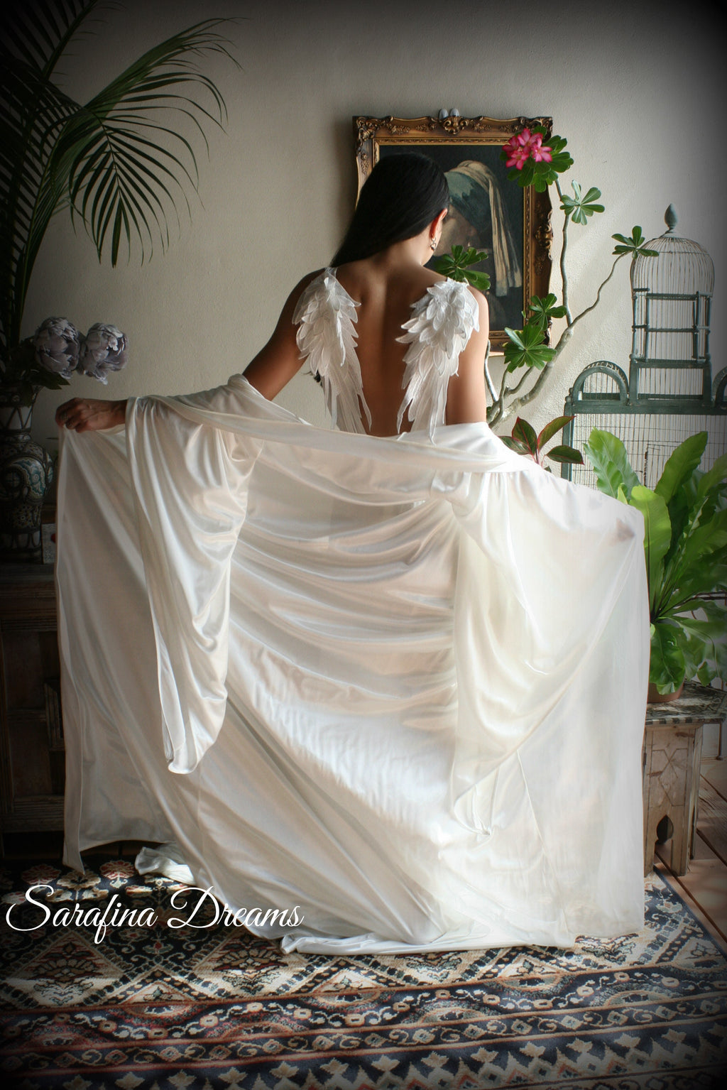 Satin Bridal Robe Angel Wing Sleeve Bridal Lingerie Wedding Sleepwear Bridal Satin Kimono Robe Wedding Apparel Bridal Kimono