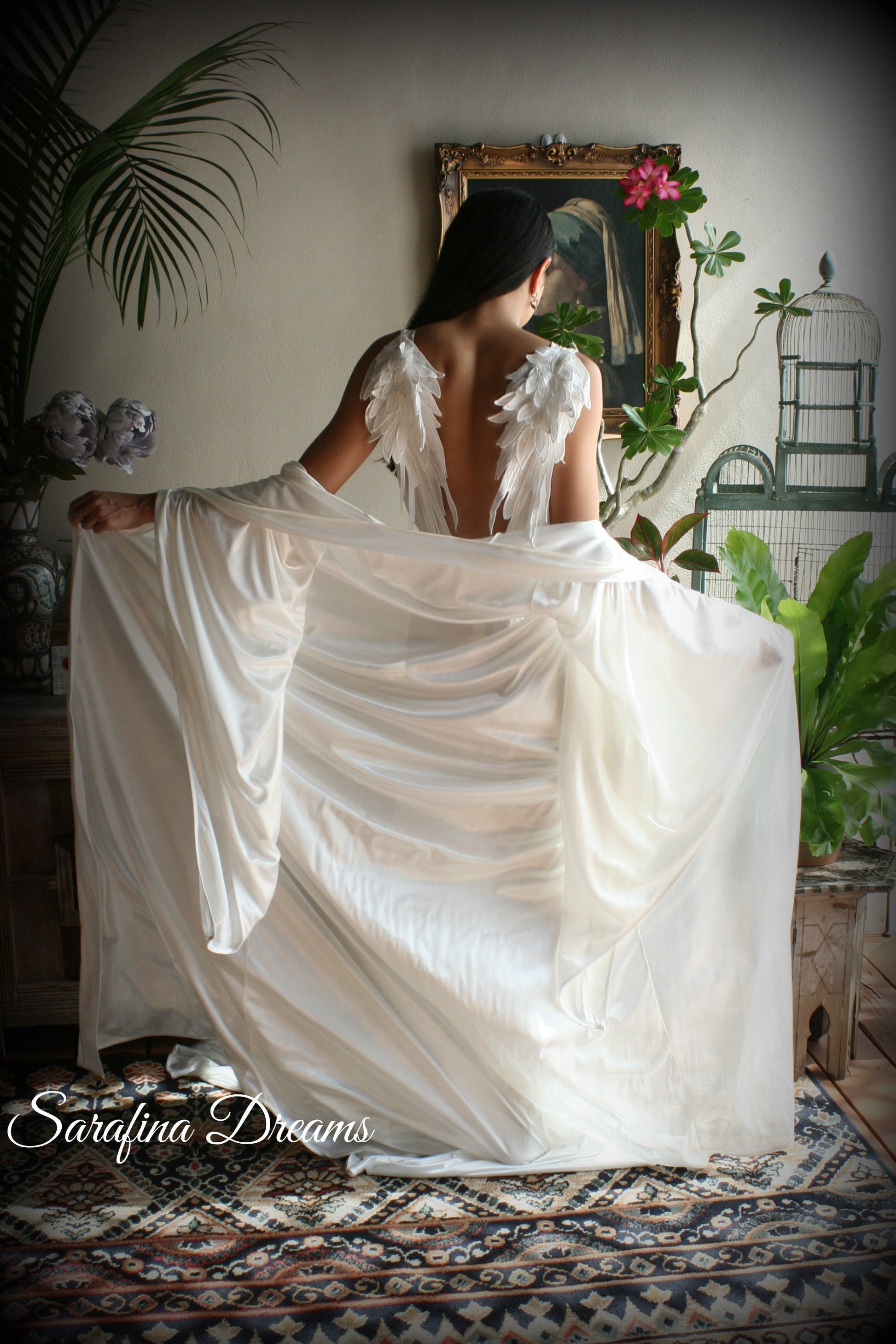 Satin Bridal Robe Angel Wing Sleeve Bridal Lingerie Wedding Sleepwear Bridal Satin Kimono Robe Wedding Apparel Bridal Kimono