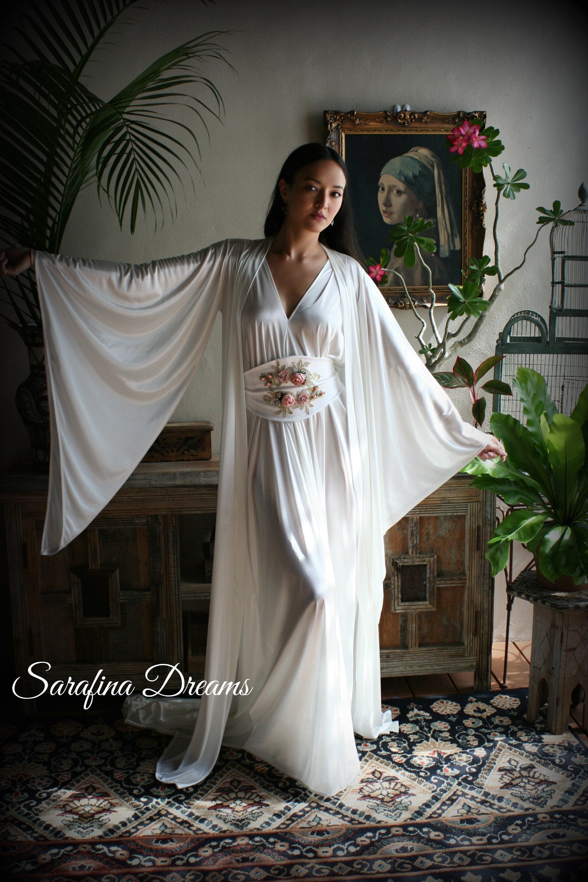 Satin Bridal Robe Angel Wing Sleeve Bridal Lingerie Wedding Sleepwear Bridal Satin Kimono Robe Wedding Apparel Bridal Kimono