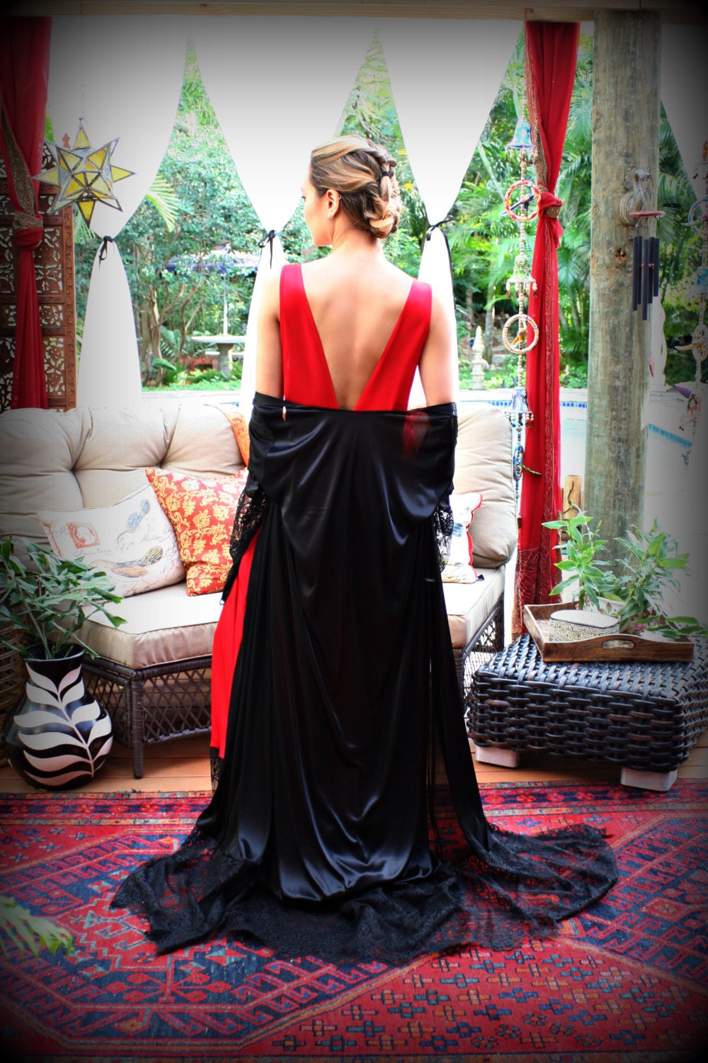 Black Satin Robe Wide Lace Trim Valentines Day Lingerie Black Sleepwear Red Lingerie