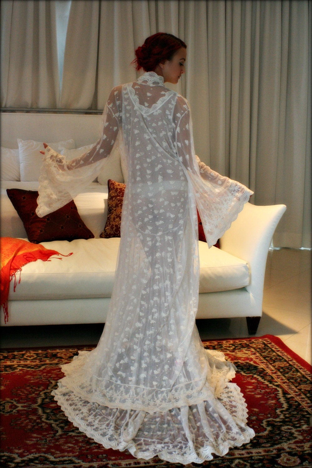 Embroidered Lace Bridal Robe French Lace Wedding Robe Bridal Lingerie Wedding Sleepwear Art Deco Lace Robe Wedding Trousseau Honeymoon Robe