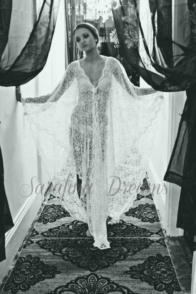 Exclusive Embroidered French Lace Bridal Robe Nightgown Wedding Sleepwear Ivorey Bridal Lingerie Bridal Robe Paris Chic Runway Collection