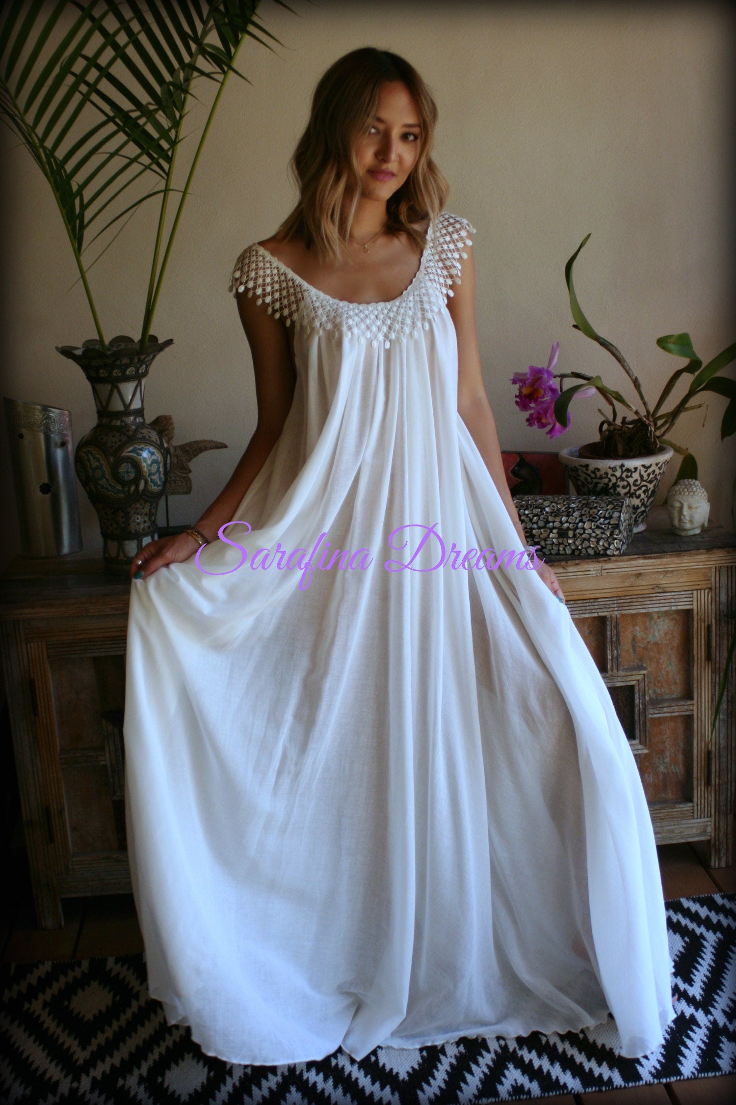 Cotton Nightgown White Cotton Sleepwear Honeymoon Cotton Lingerie Bridal Lingerie Venice  Lace Nightgown Wedding Nightgown