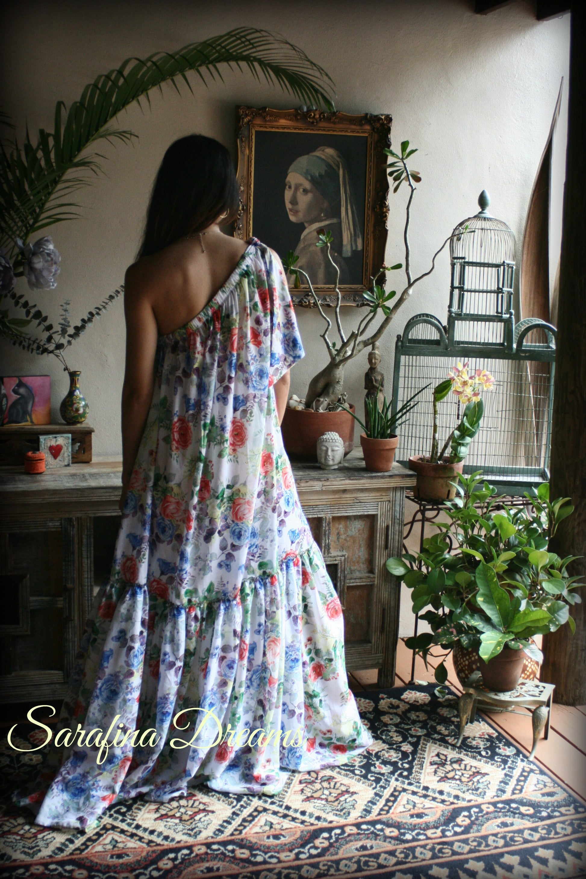 100% Cotton Flower Print One Shoulder Dress Nightgown Sleepwear Honeymoon Cruise Dress Holiday Dress Lingerie