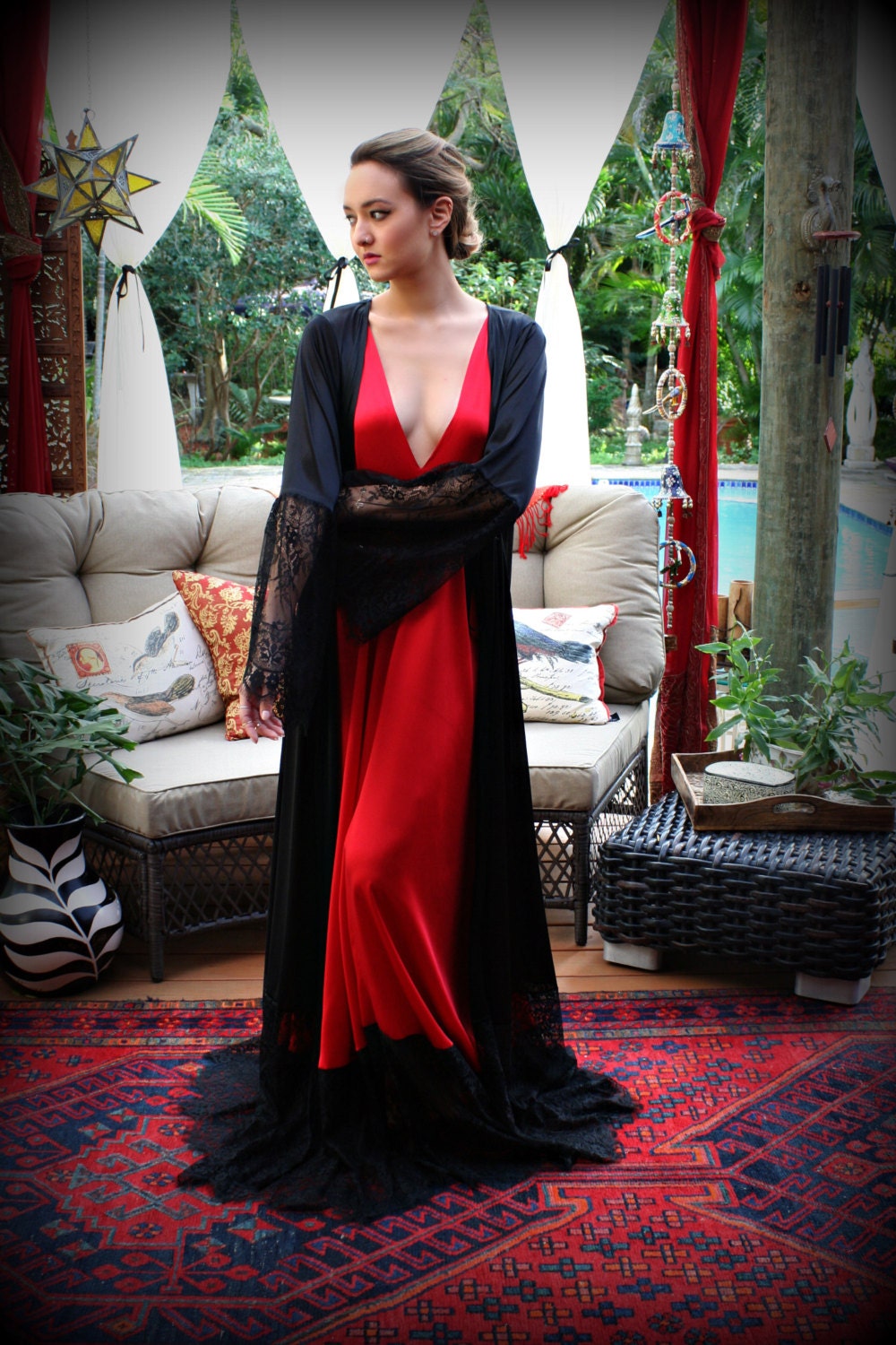 Black Satin Robe Wide Lace Trim Valentines Day Lingerie Black Sleepwear Red Lingerie