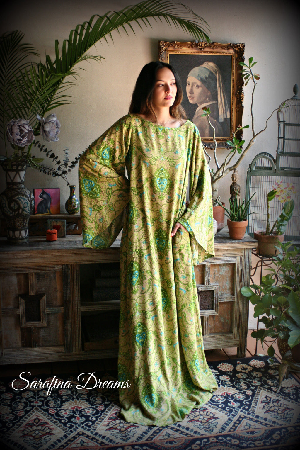 Rayon Nightgown Green Bohemian Print Caftan Sleepwear Backless Dress Nightgown Bridal Nightgown Lingerie Bridal Lingerie