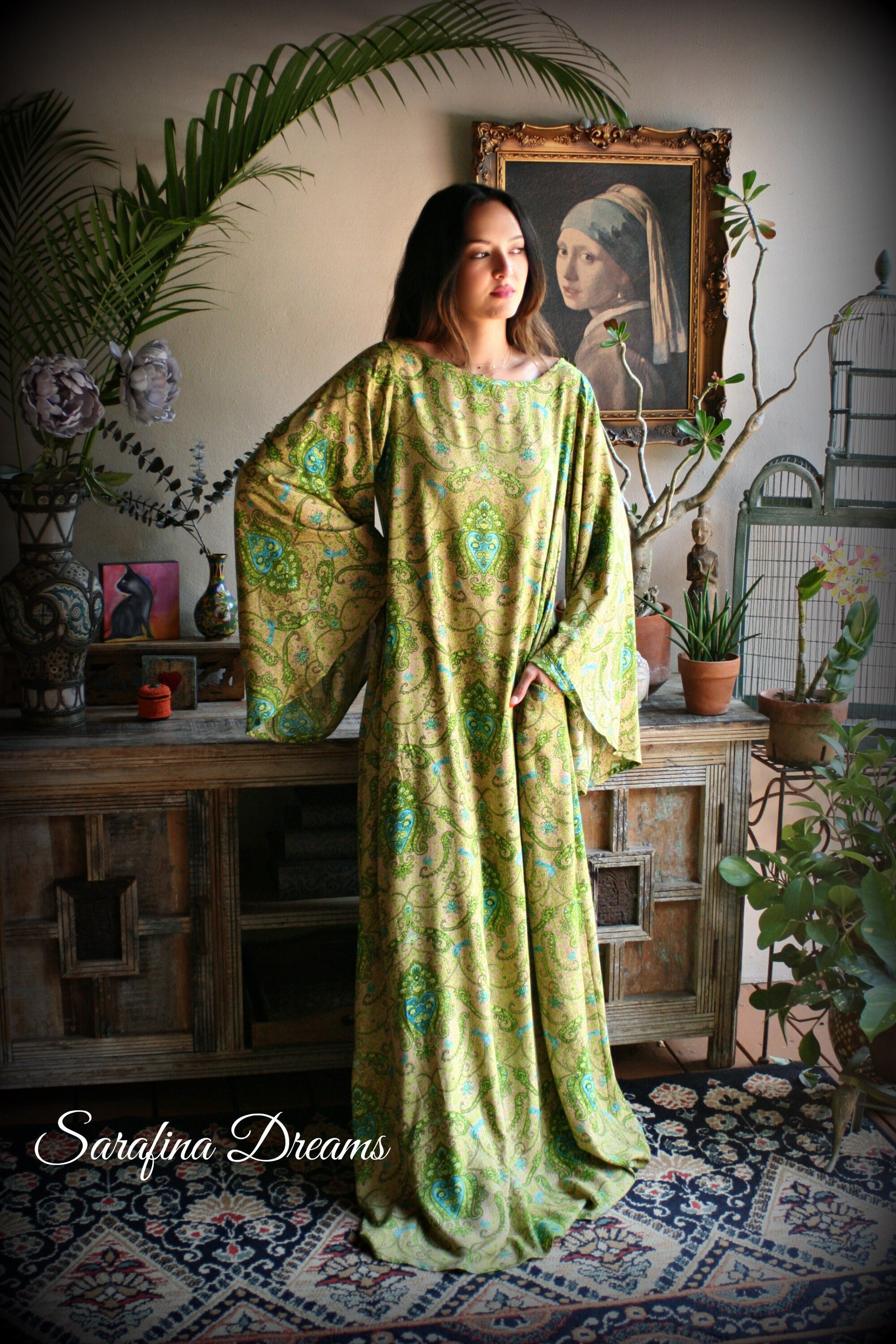 Rayon Nightgown Green Bohemian Print Caftan Sleepwear Backless Dress Nightgown Bridal Nightgown Lingerie Bridal Lingerie