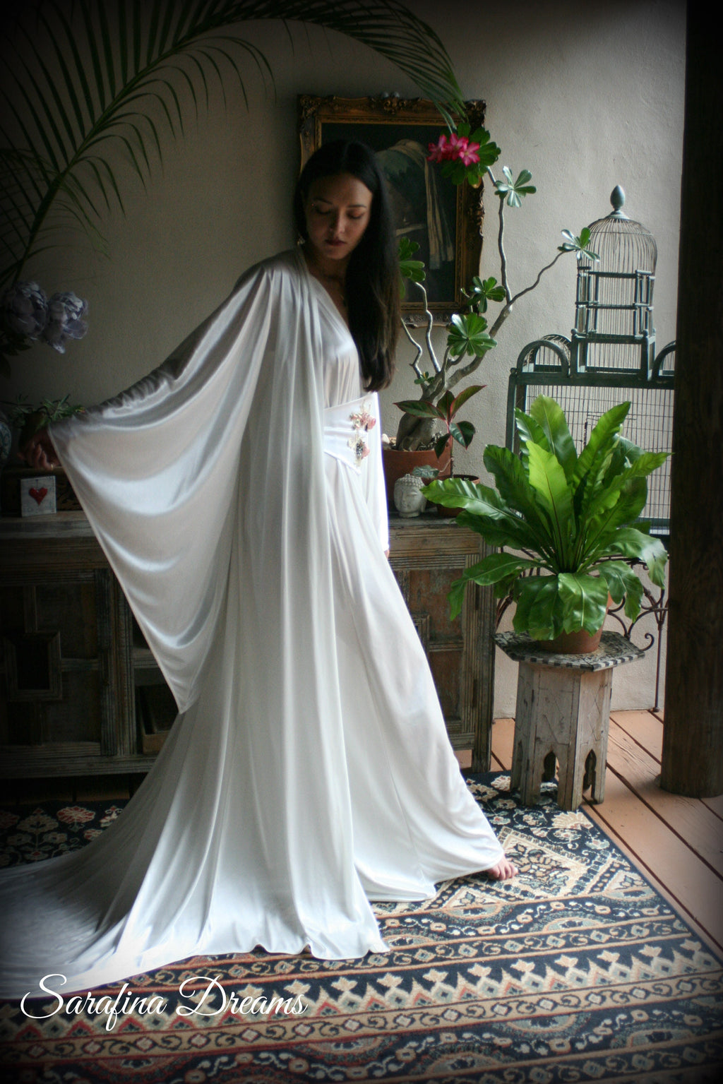 Satin Bridal Robe Angel Wing Sleeve Bridal Lingerie Wedding Sleepwear Bridal Satin Kimono Robe Wedding Apparel Bridal Kimono