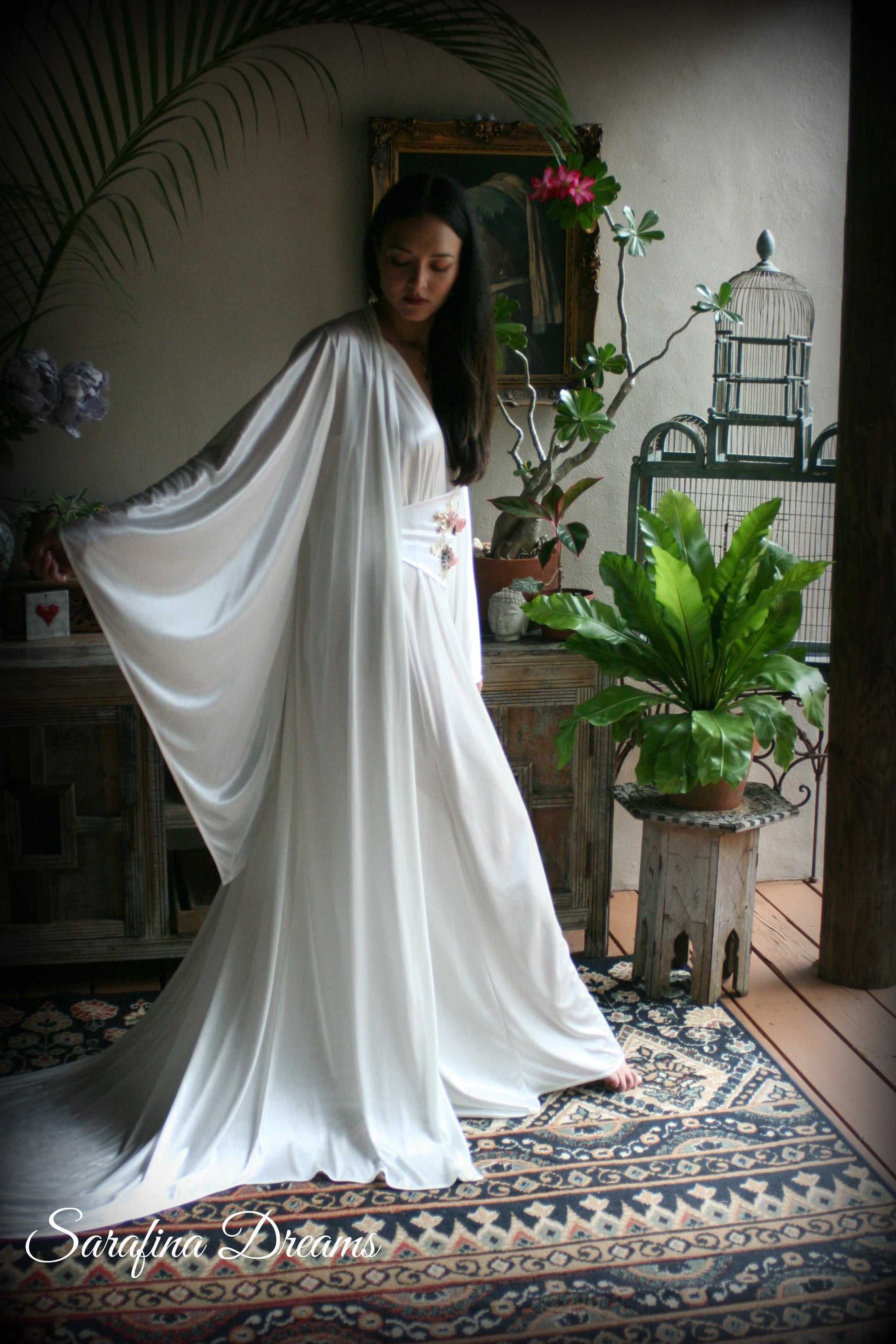 Satin Bridal Robe Angel Wing Sleeve Bridal Lingerie Wedding Sleepwear Bridal Satin Kimono Robe Wedding Apparel Bridal Kimono