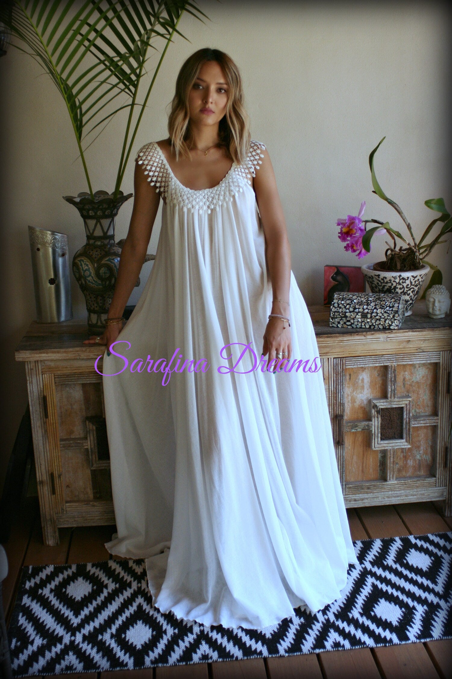 Cotton Nightgown White Cotton Sleepwear Honeymoon Cotton Lingerie Bridal Lingerie Venice  Lace Nightgown Wedding Nightgown