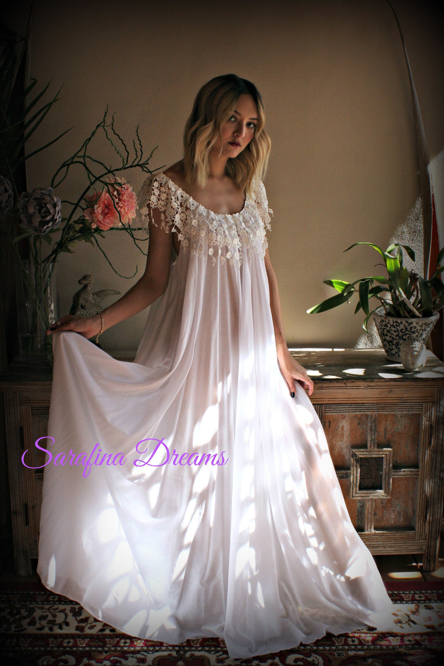 Cotton Nightgown  White Cotton Sleepwear Honeymoon Cotton Lingerie Bridal Lingerie Venice  Lace Nightgown Wedding Nightgown