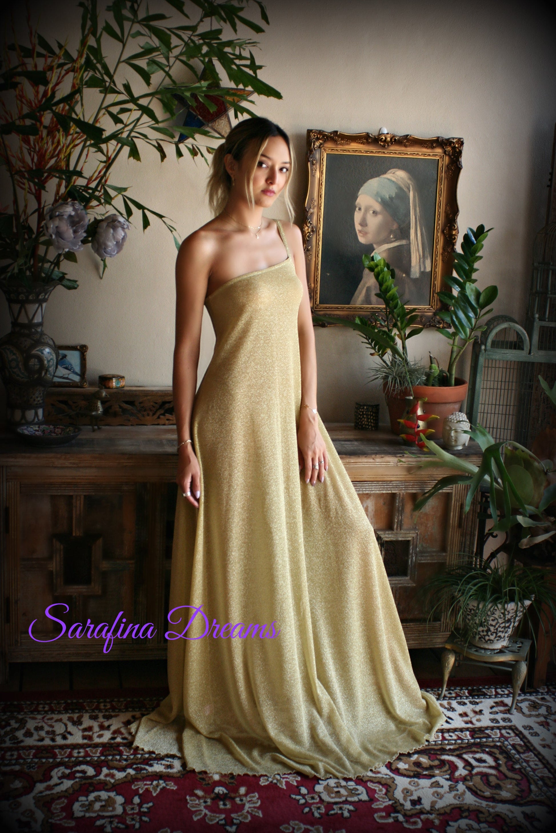Gold Lame' One Shoulder Nightgown Gold Knit Sleepwear Off Shoulder Lingerie Bridal Sleepwear Bridal Lingerie