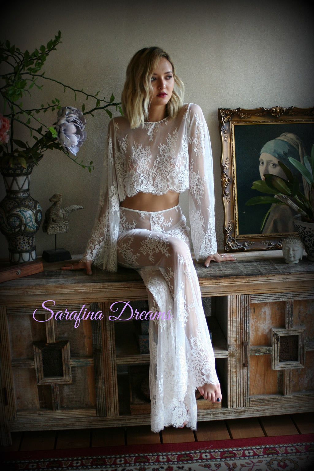 Bridal Lace Cropped Top Pajama Wedding Sleepwear Bridal Lingerie Off White Lace Lingerie Lace Lingerie Honeymoon Lingerie