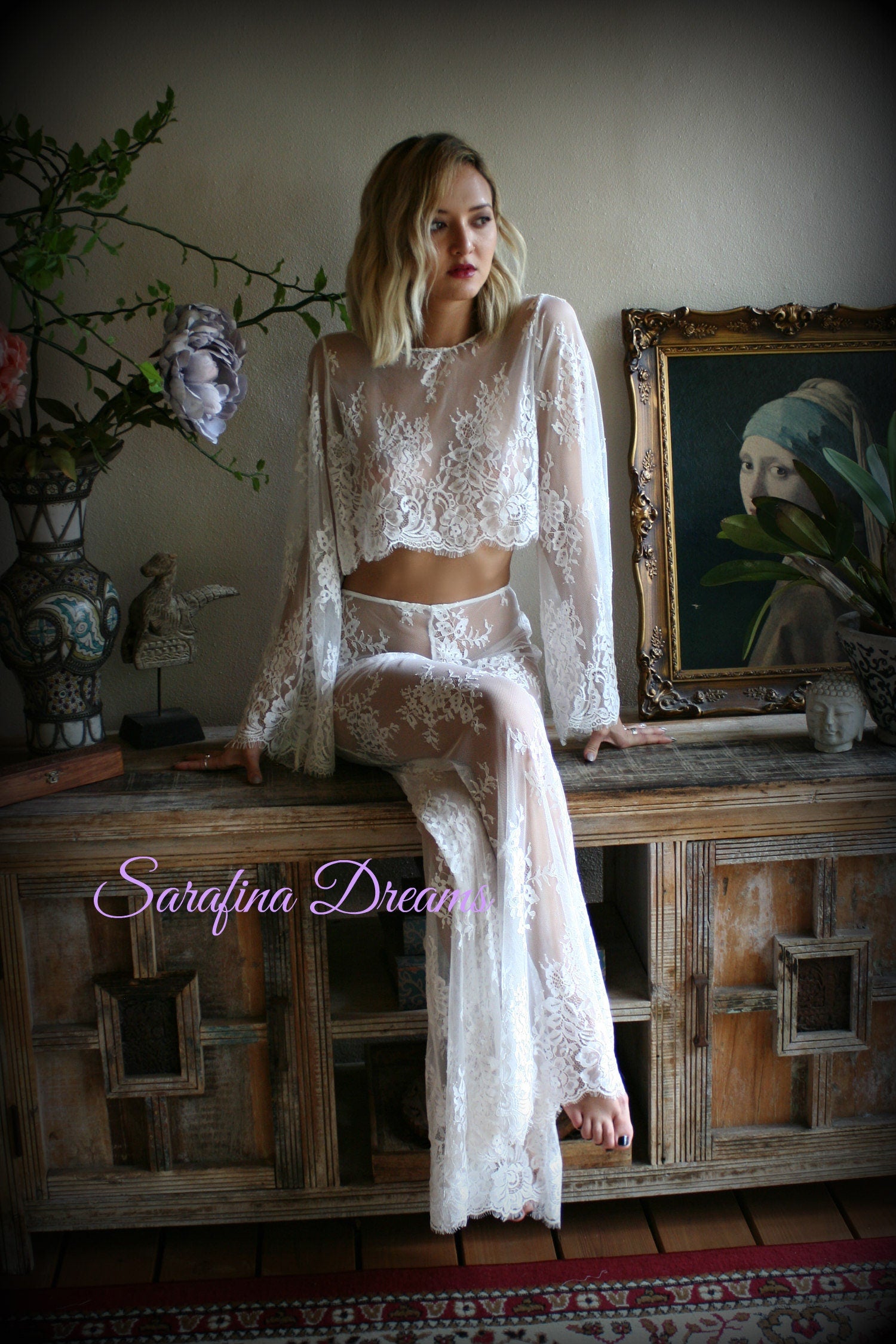 Bridal Lace Cropped Top Pajama Wedding Sleepwear Bridal Lingerie Off White Lace Lingerie Lace Lingerie Honeymoon Lingerie