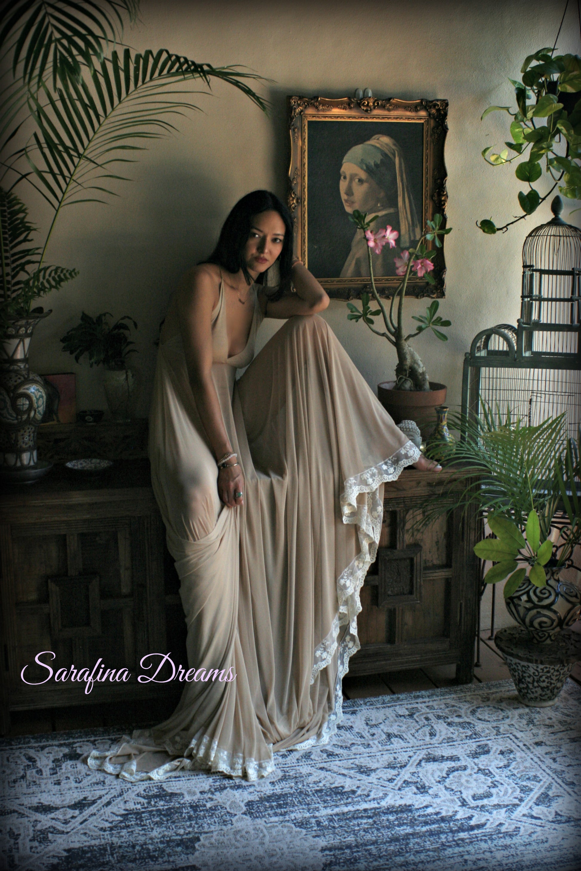 Bridal Nude Mesh Backless Nightgown With Train