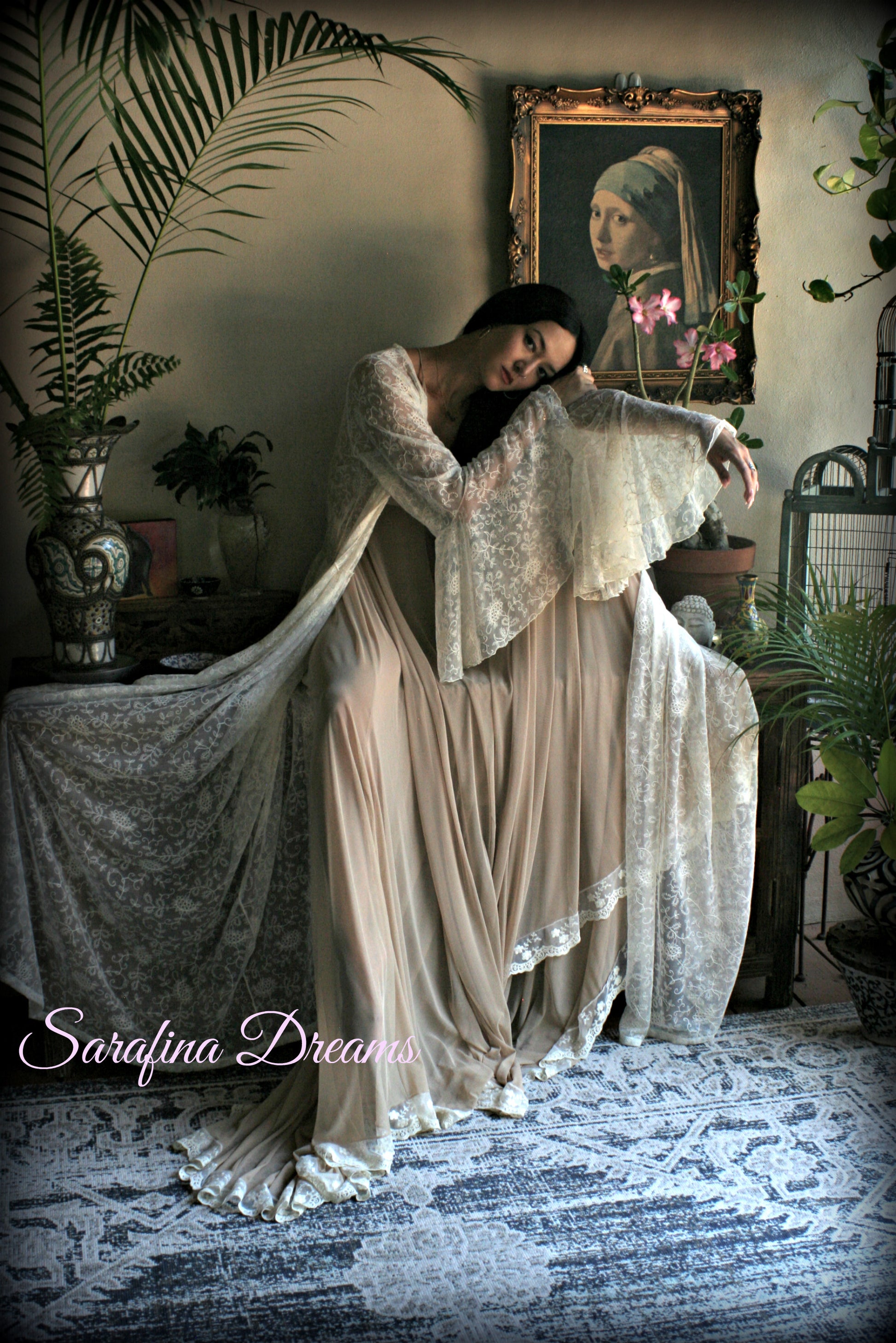 Embroidered Ivory Lace Bridal Robe Art Deco Ruffled Sleeves