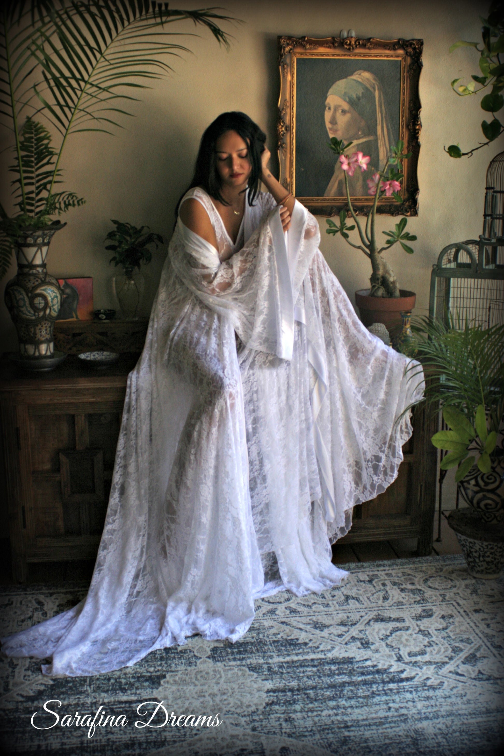 Bridal Art Deco White Lace Drop Waist Nightgown With Train