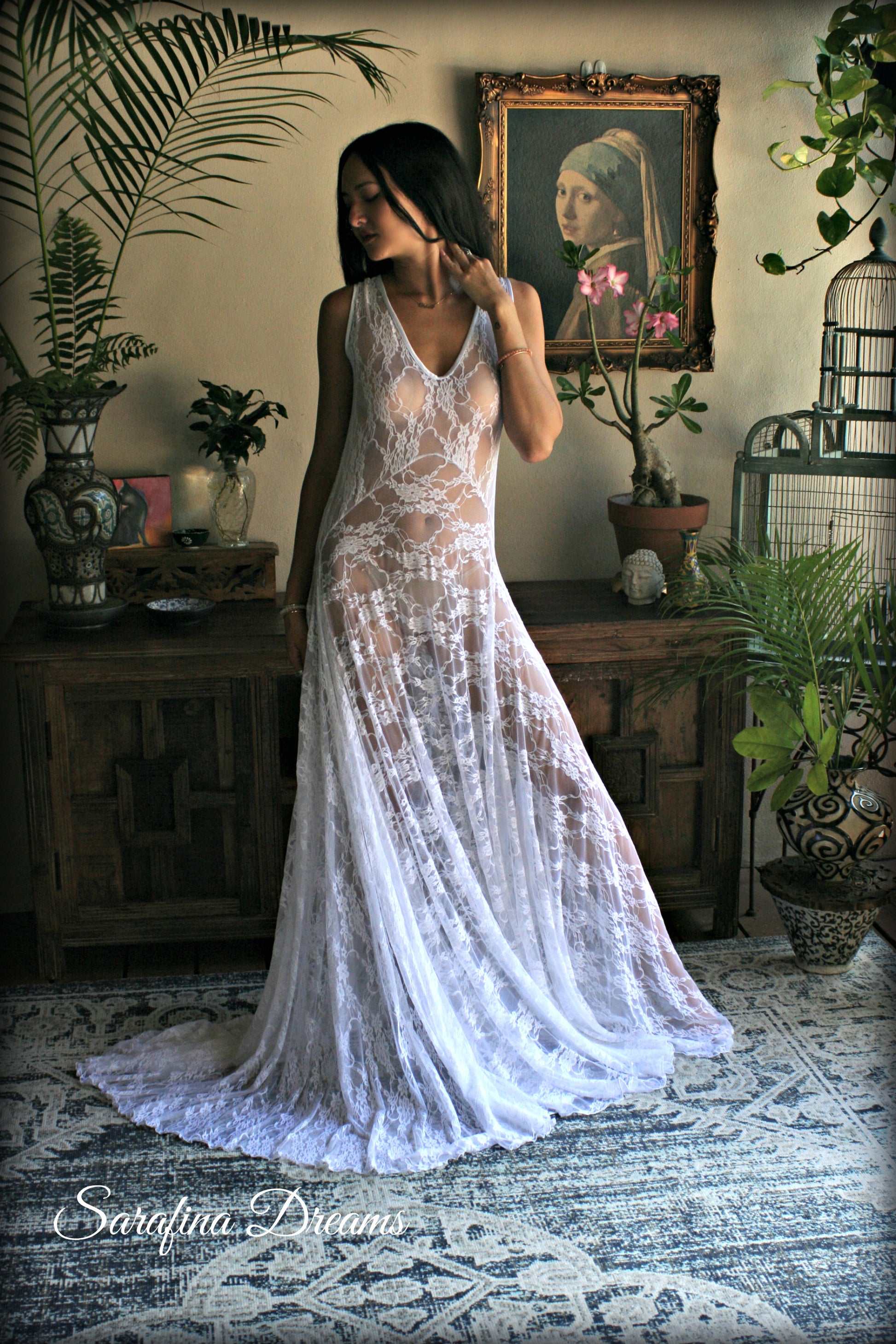 Bridal Art Deco White Lace Drop Waist Nightgown With Train