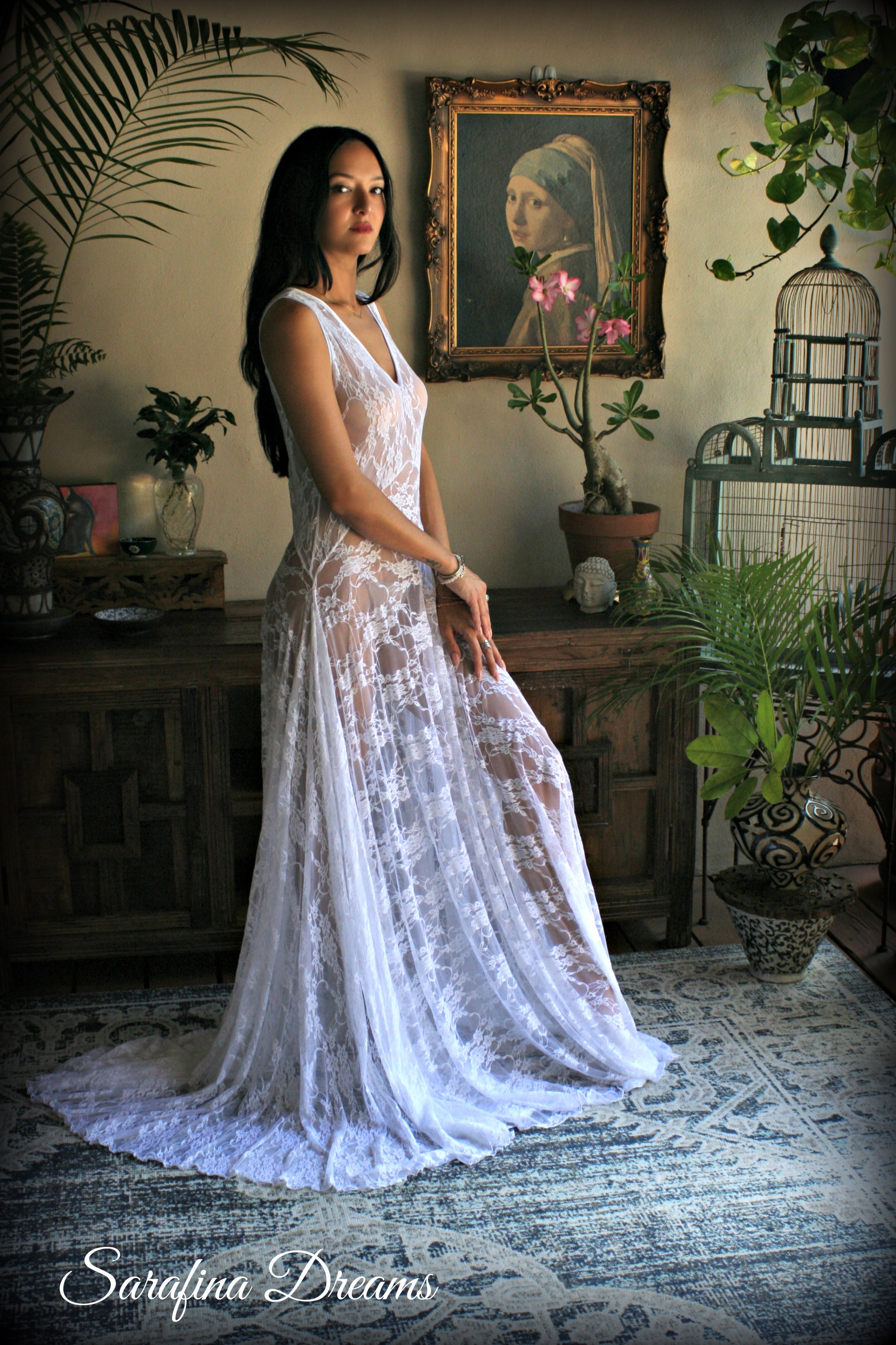 Bridal Art Deco White Lace Drop Waist Nightgown With Train
