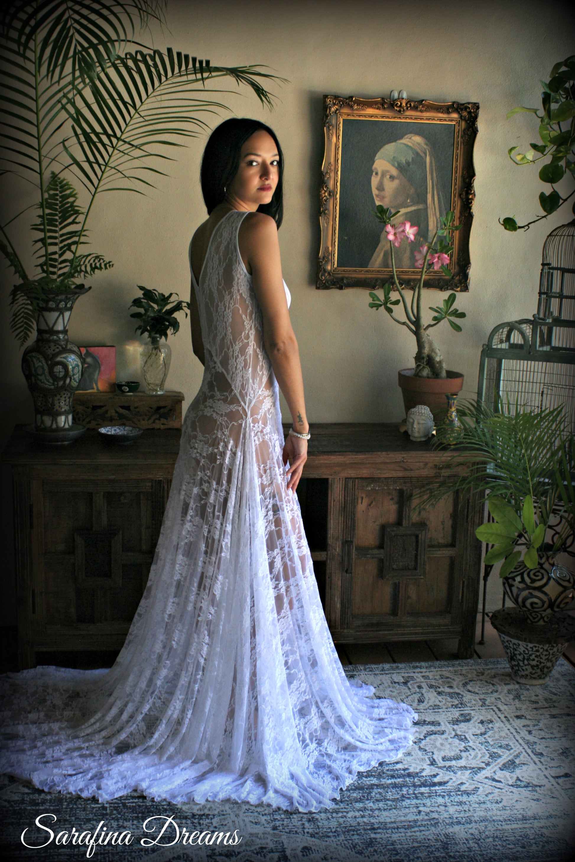 Bridal Art Deco White Lace Drop Waist Nightgown With Train