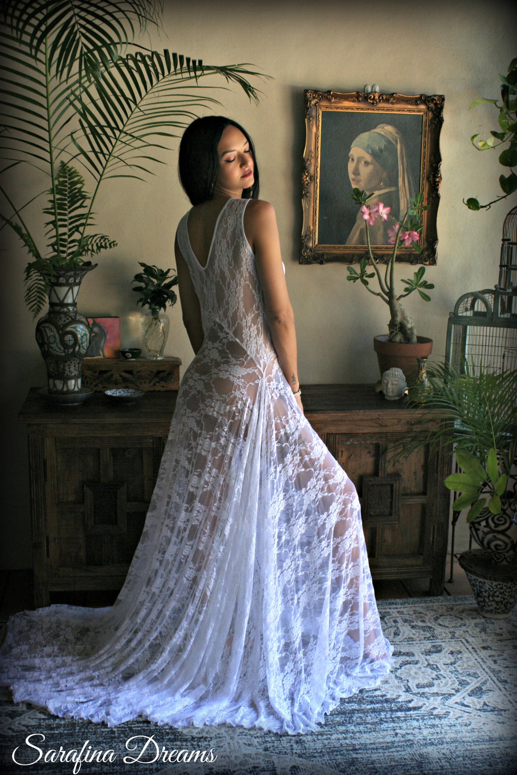 Bridal Art Deco White Lace Drop Waist Nightgown With Train