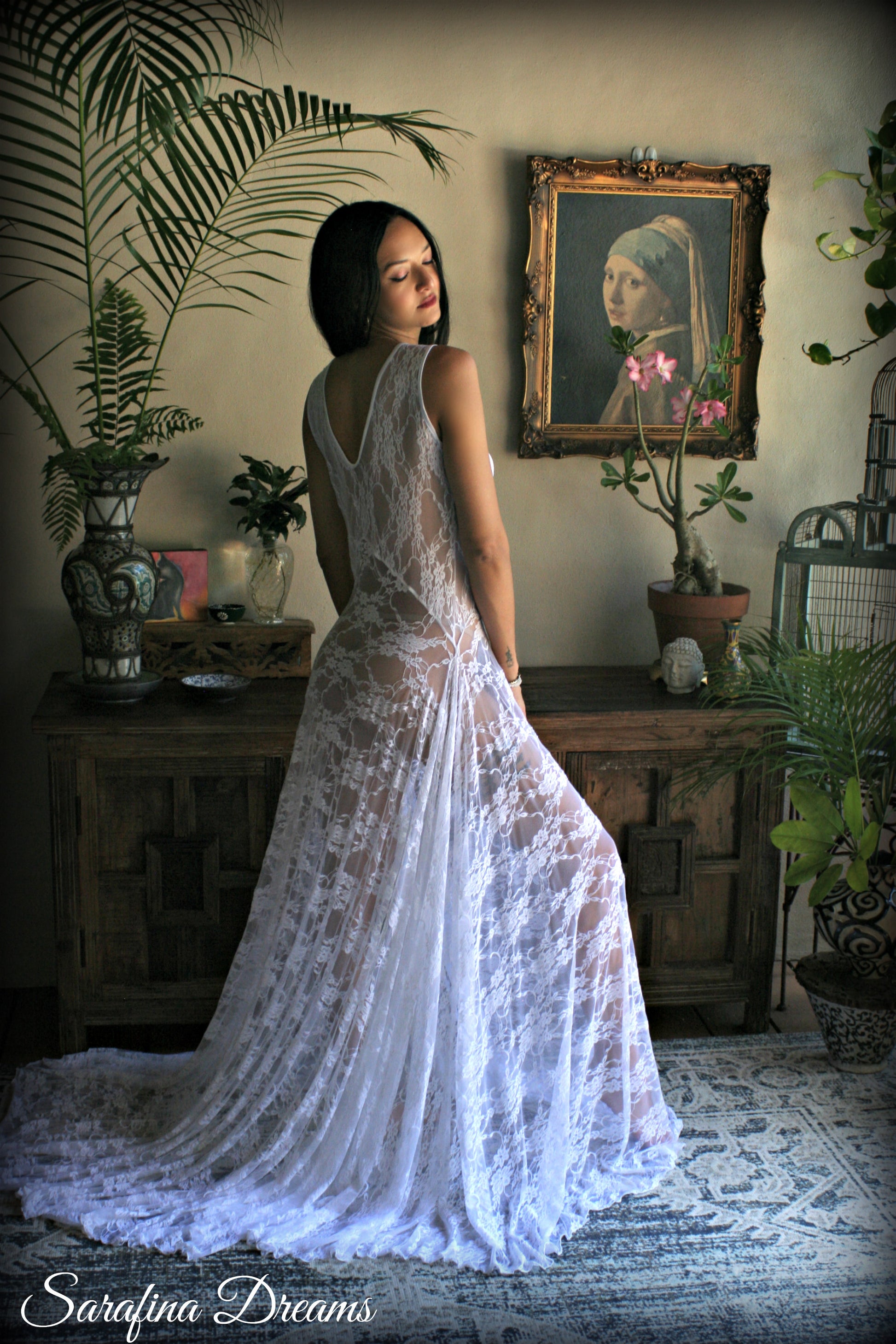 Bridal Art Deco White Lace Drop Waist Nightgown With Train