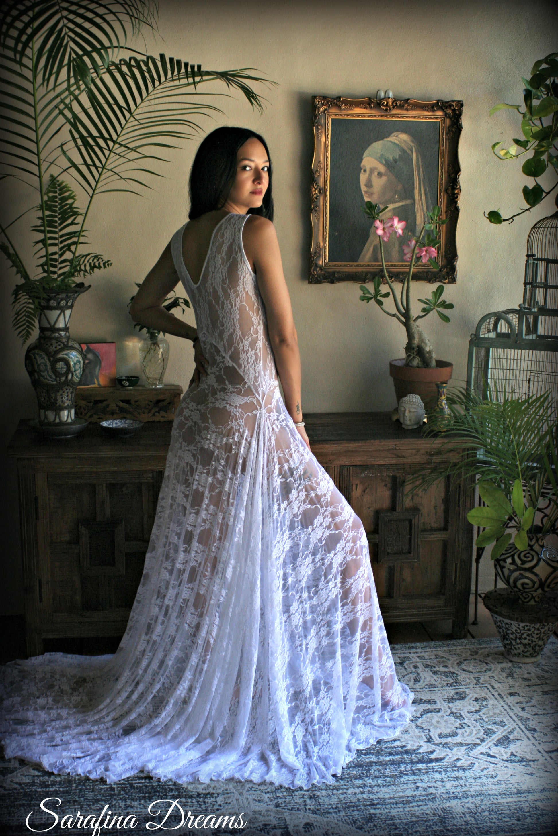 Bridal Art Deco White Lace Drop Waist Nightgown With Train