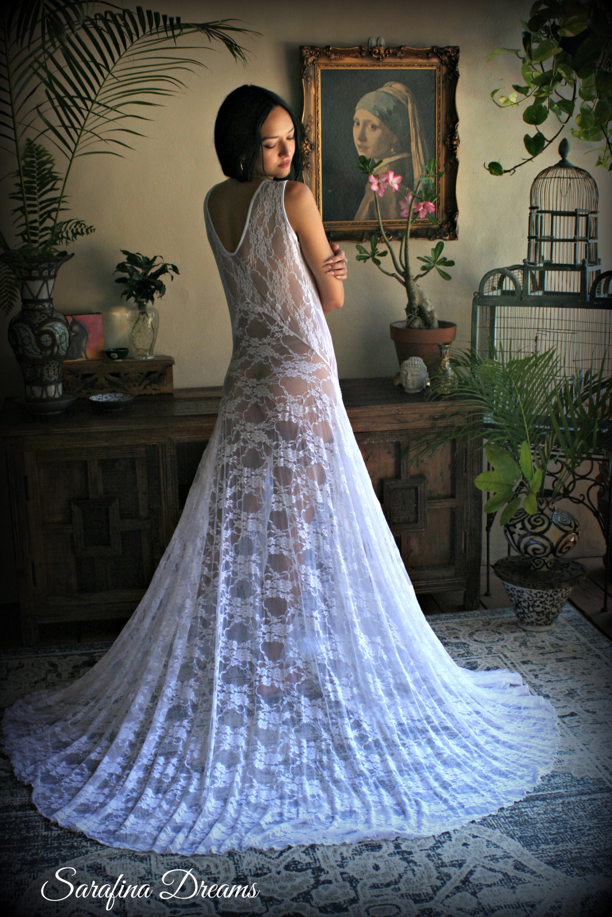 Bridal Art Deco White Lace Drop Waist Nightgown With Train