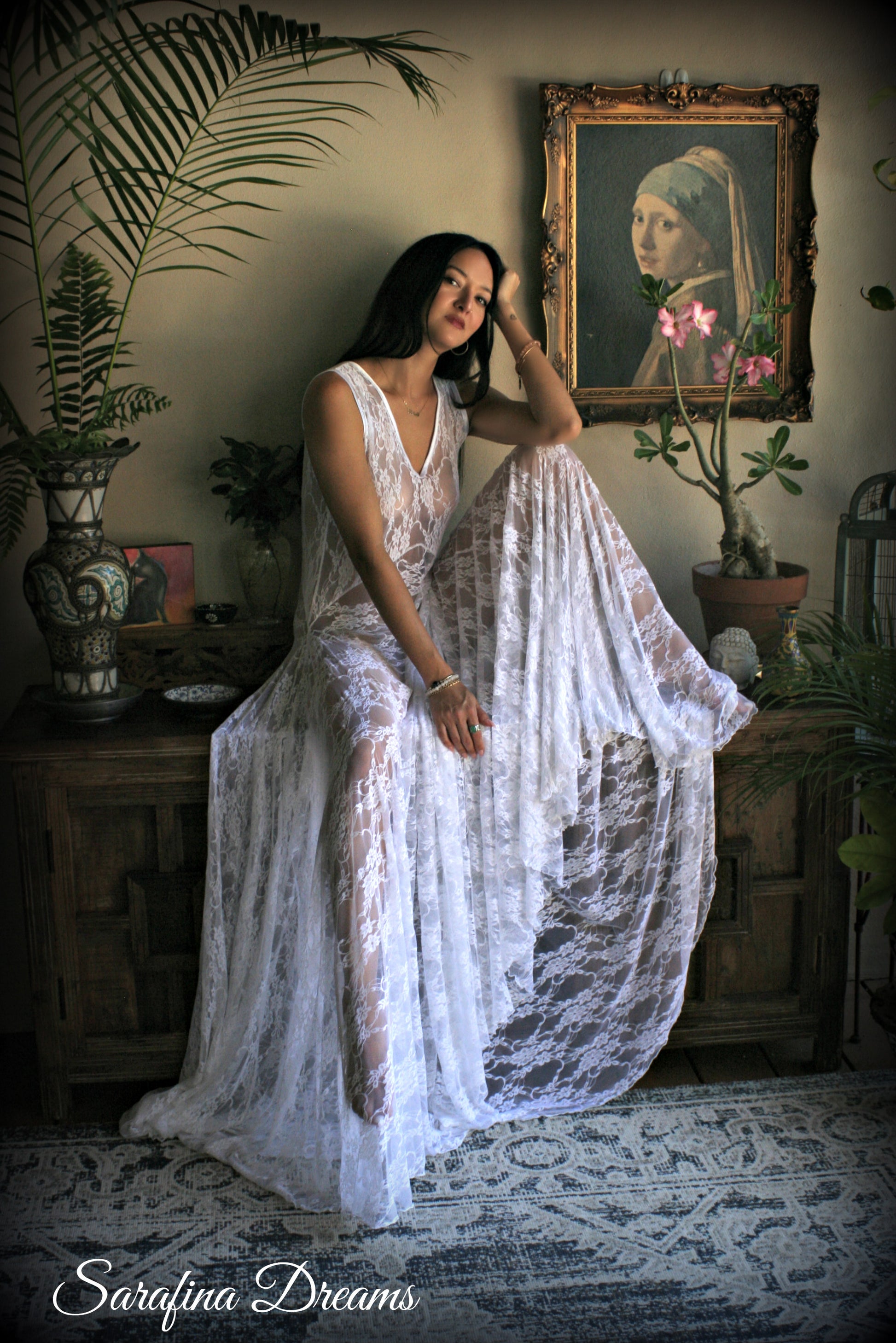 Bridal Art Deco White Lace Drop Waist Nightgown With Train
