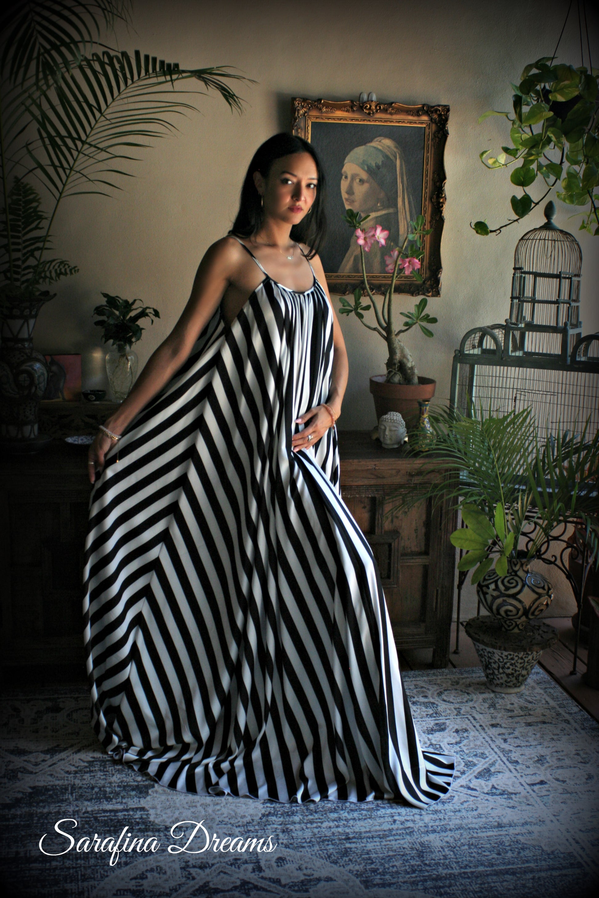 Black and white stripe satin Jane Austen style full swing nightgown