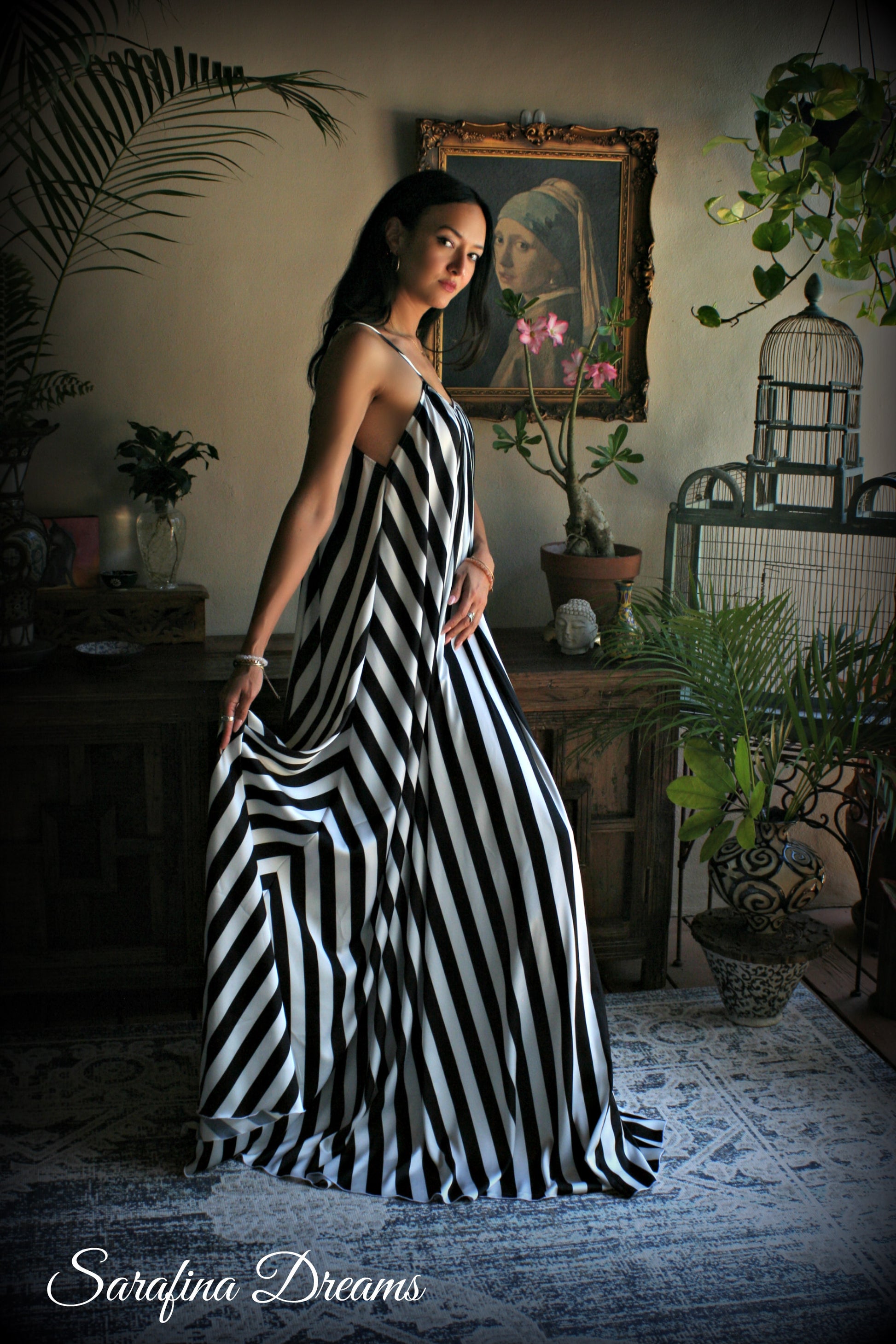 Black and white stripe satin Jane Austen style full swing nightgown