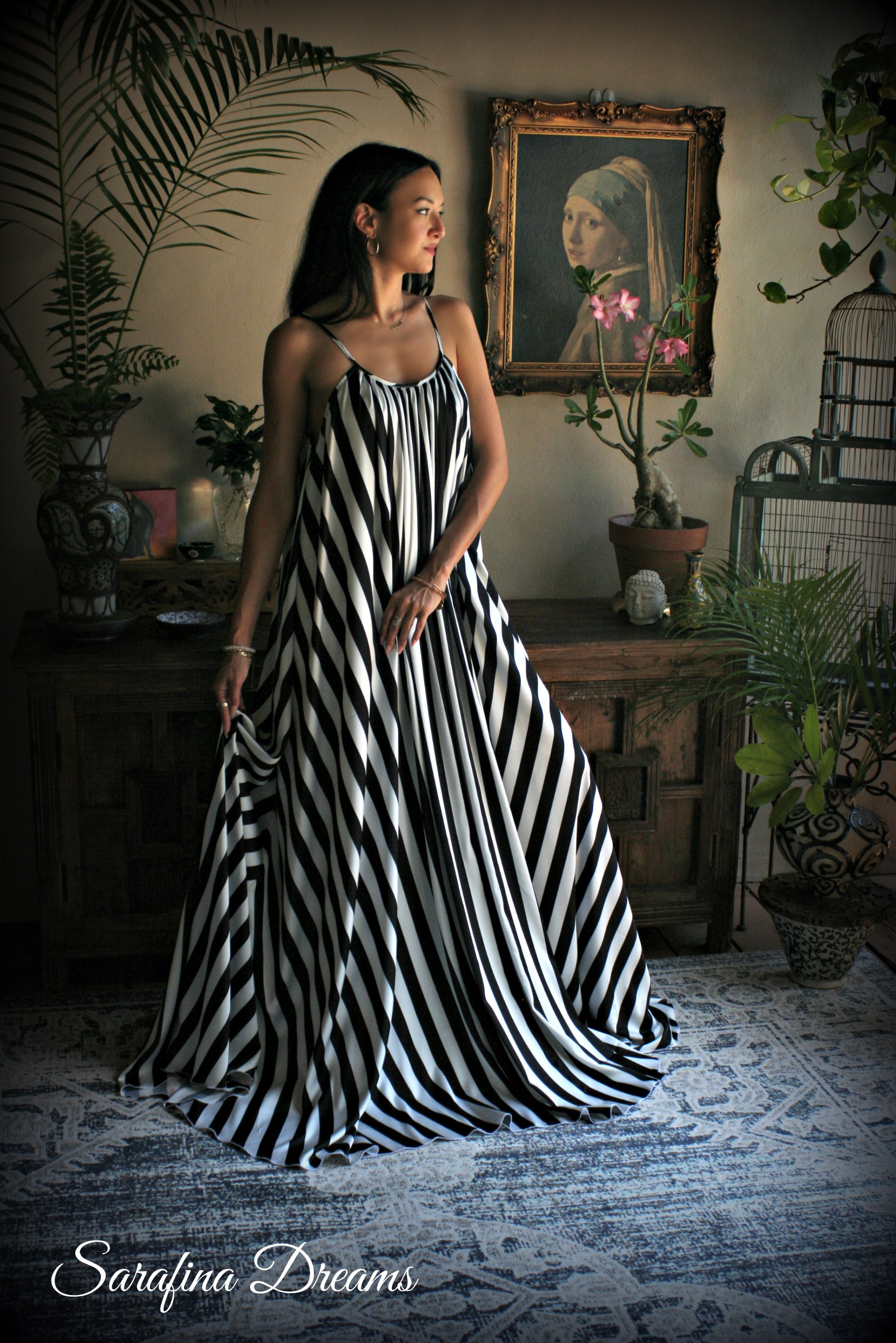 Black and white stripe satin Jane Austen style full swing nightgown