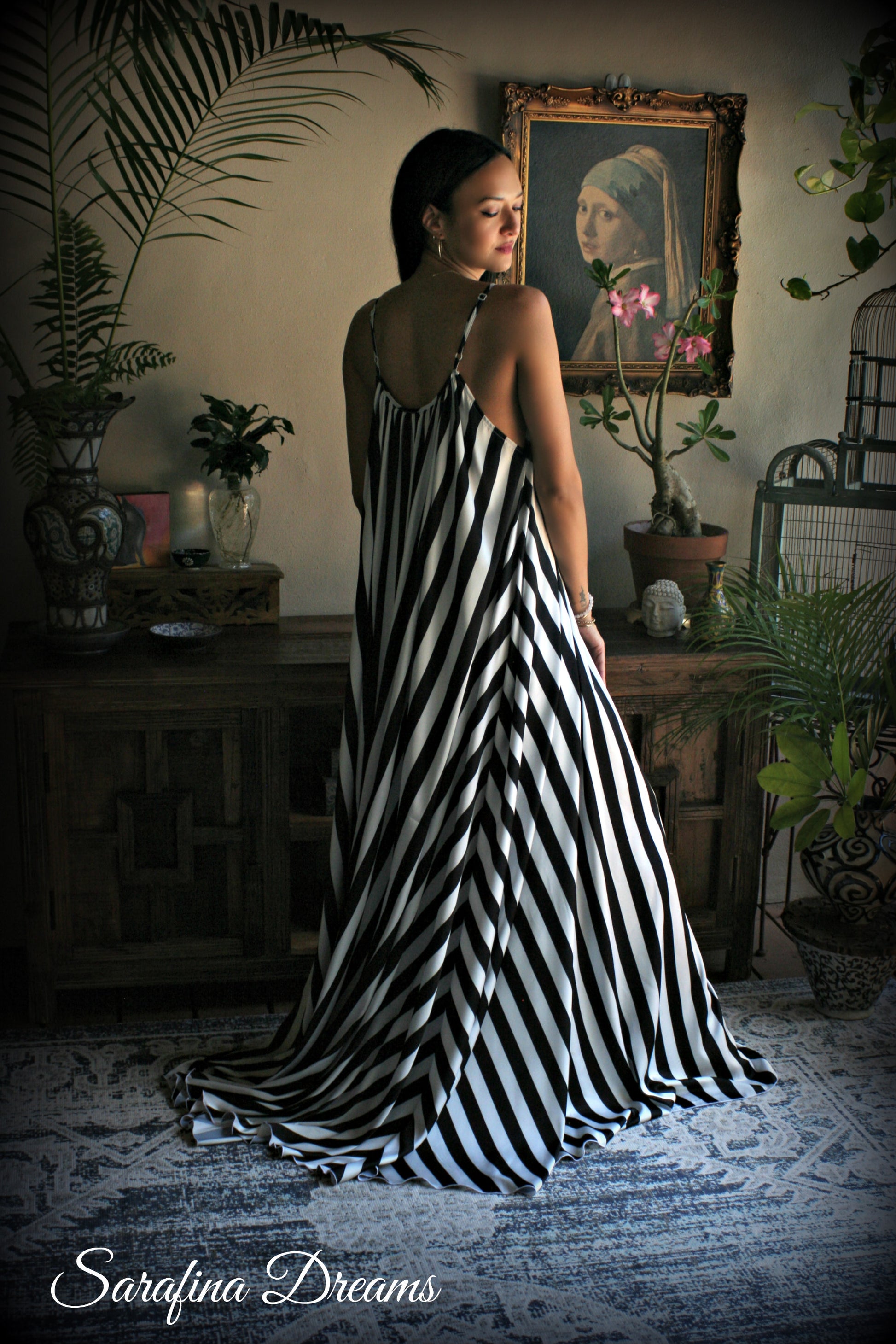 Black and white stripe satin Jane Austen style full swing nightgown