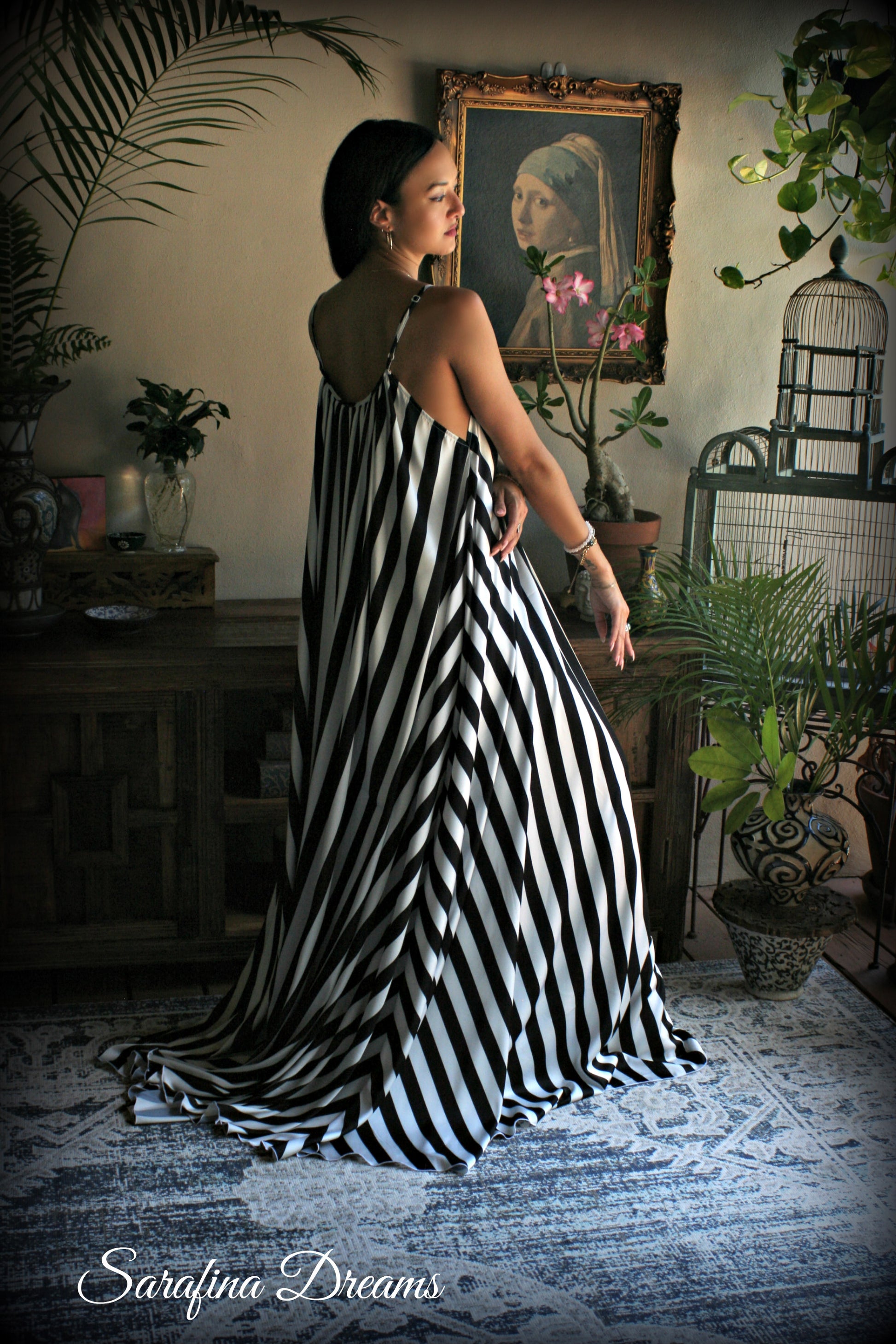Black and white stripe satin Jane Austen style full swing nightgown