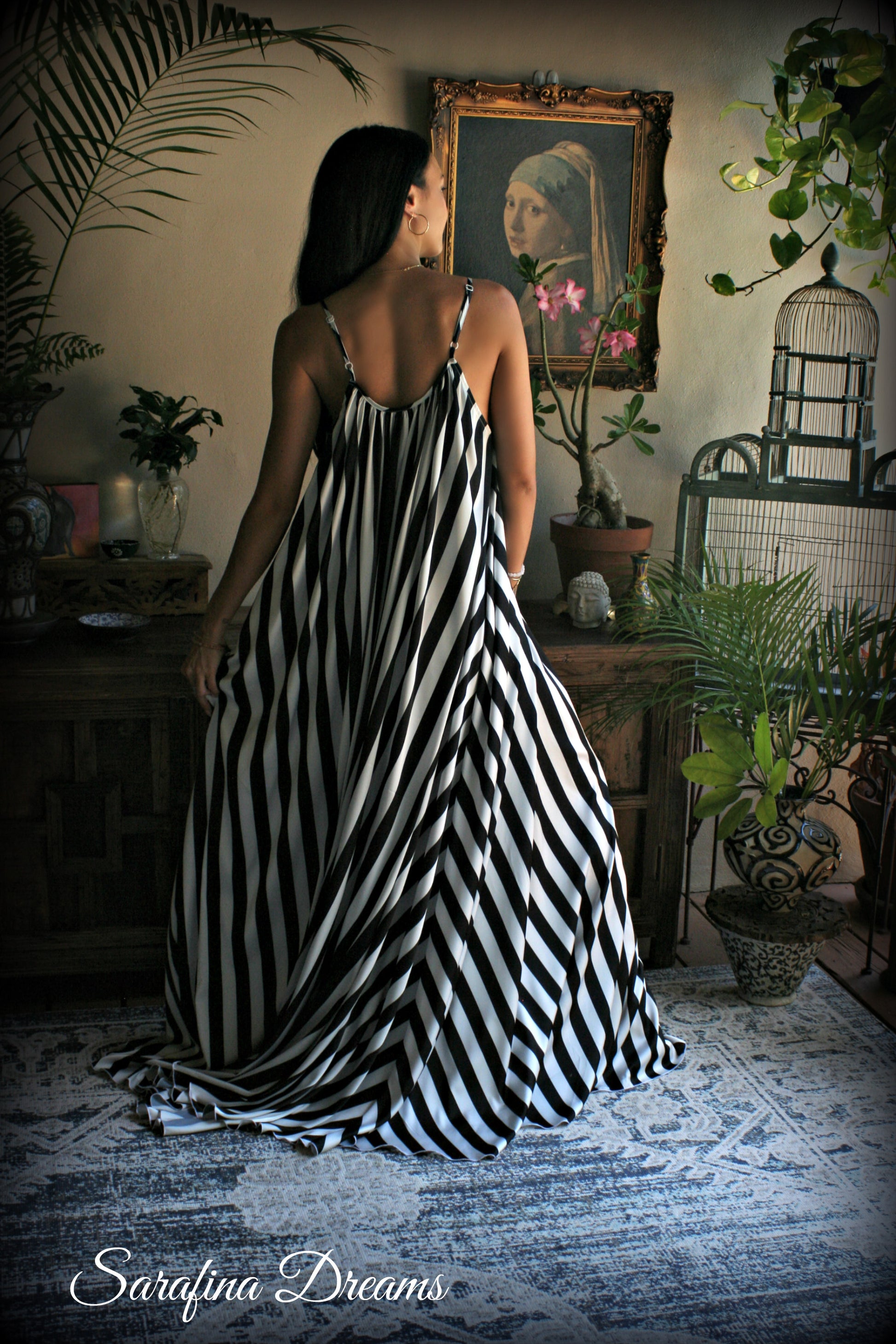 Black and white stripe satin Jane Austen style full swing nightgown